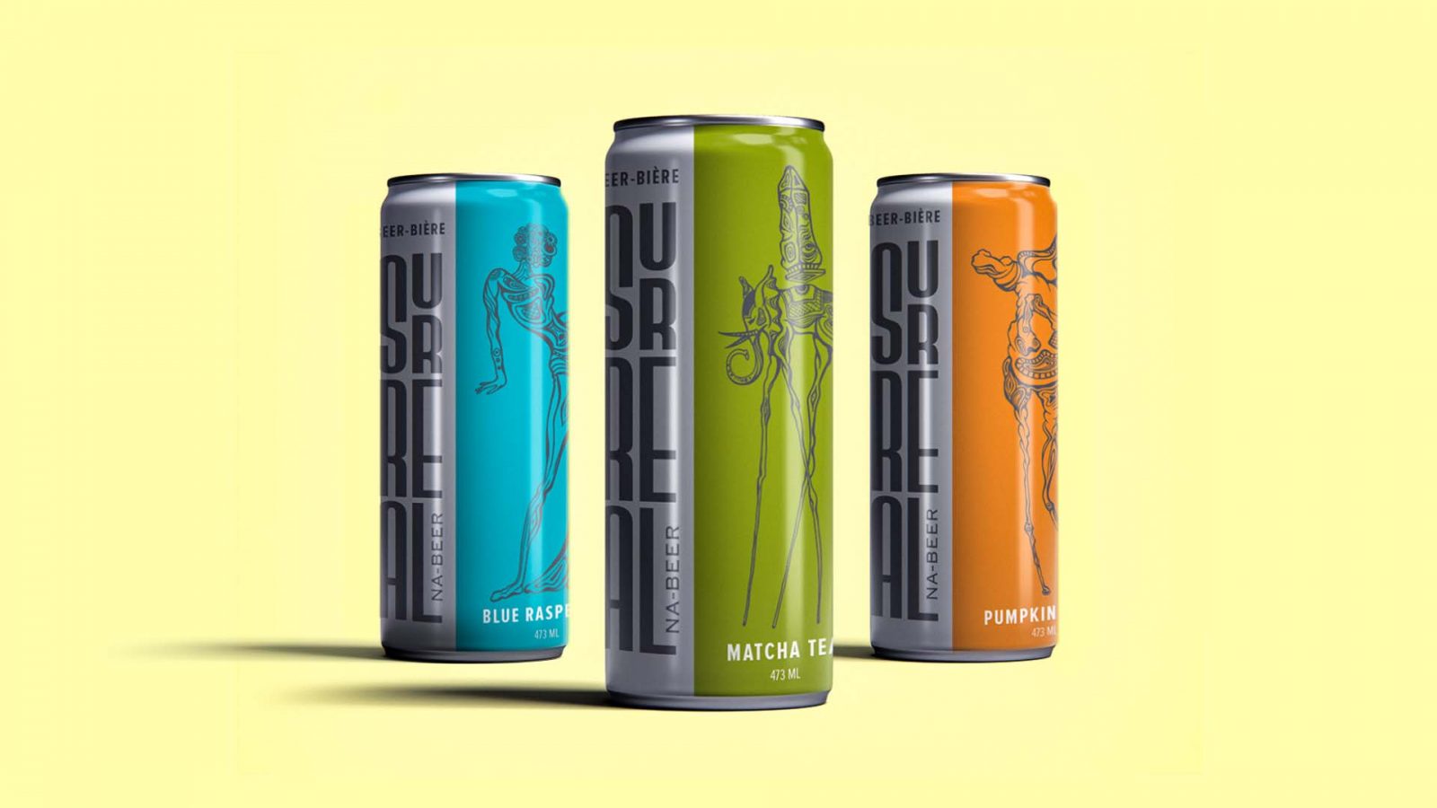 Surreal Alcohol-free beer three cans, with an illustration inspired by Dali style. Three flavours from left to right, blue raspberry with blue colour, matcha tea with green colour, and pumpkin with orange colour.