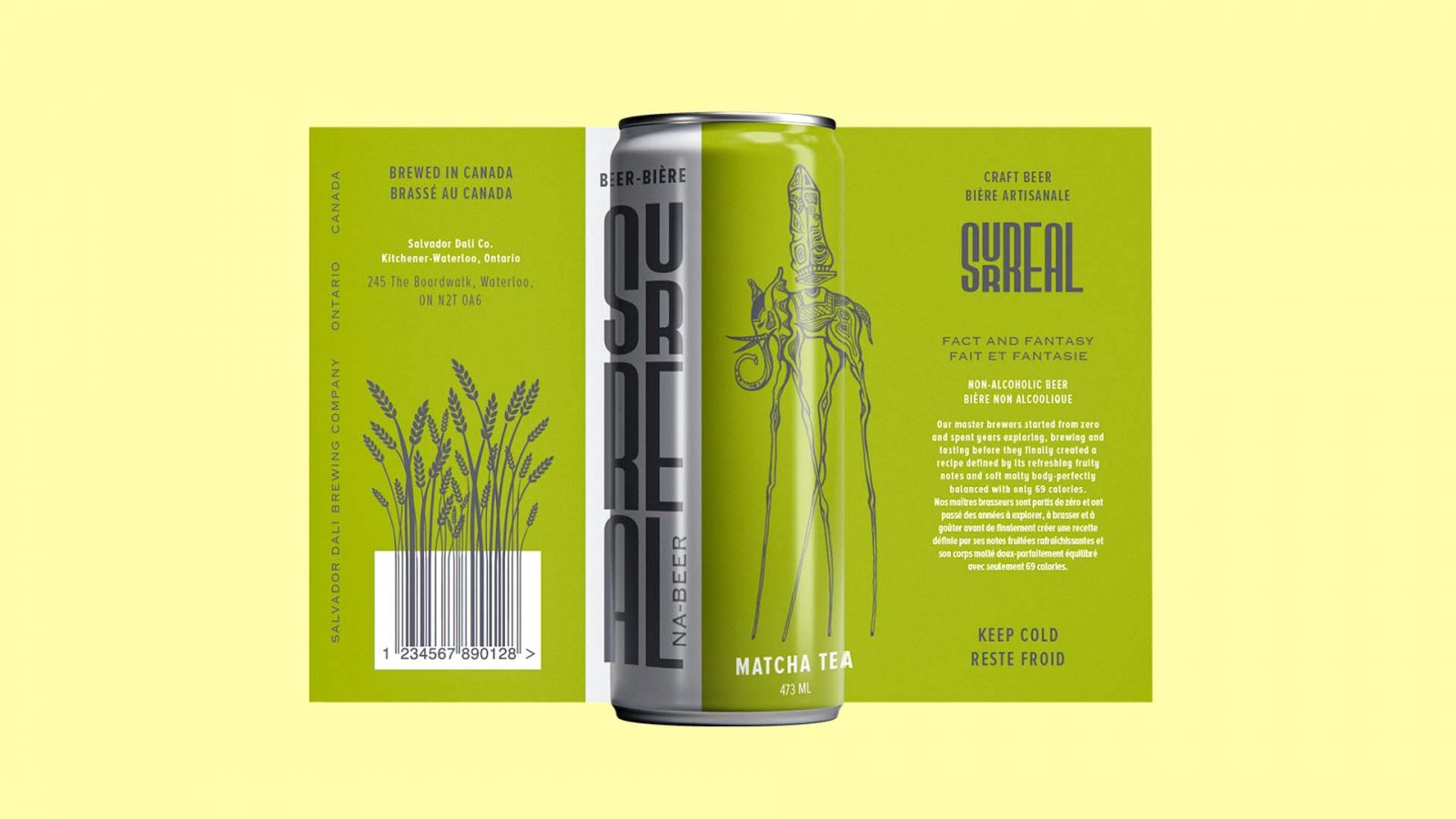 The Artwork of Matcha tea flavour of surreal alcohol-free beer, The green colour matches one of Dali's illustrations; the font used on SURREAL is the tall font to match the illustration style. and the UPC code has the same style of illustration to have consistency.