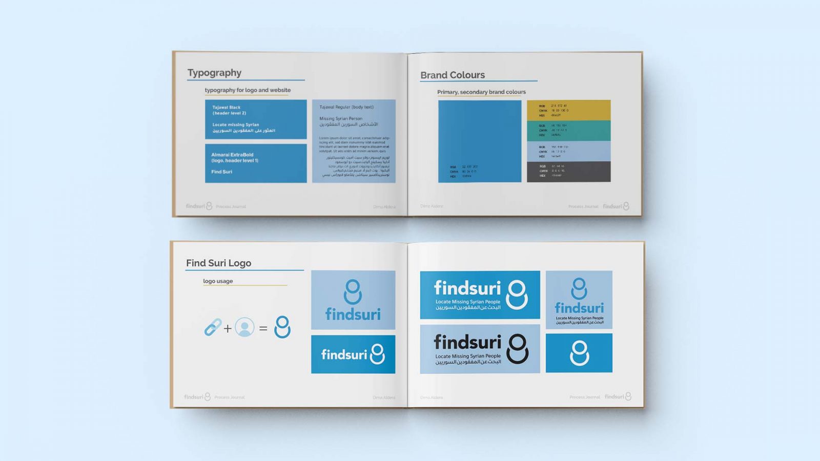 Find Suri nun-profit organization brand identity, the primary colour is blue, the peace and truth colour. The icon combined the link shape with the person icon. The tagline with Arabic and English.