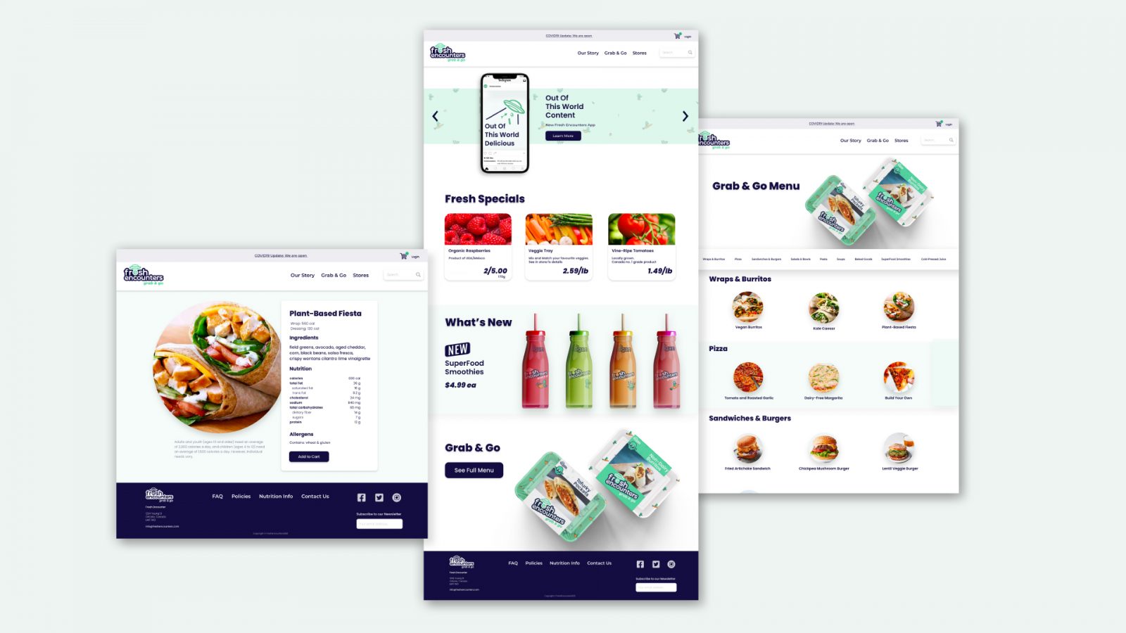 Fresh Encounters is a Vegan Grocery Store that specializes in plant-based prepared meals. This image shows desktop website screens from Fresh Encounters Grab & Go company.