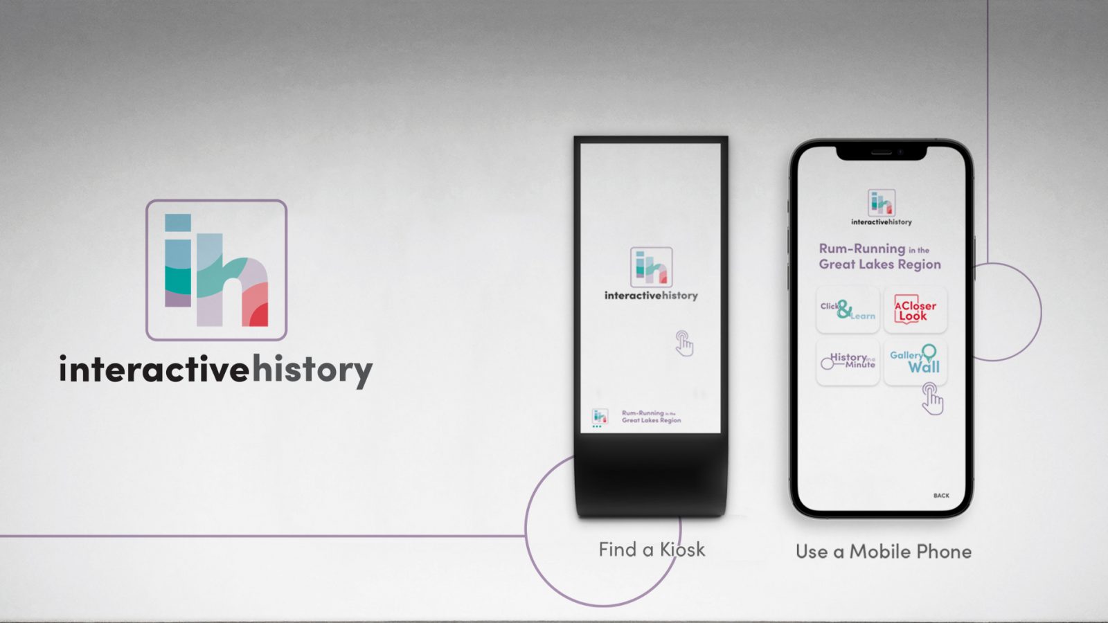 Interactive History is a digital museum exhibit that explores Canadian History. This image shows a wall mockup of how the Interactive History exhibit would appear in person. The image on the wall prompts users to start the exhibit on a kiosk or their mobile phone.