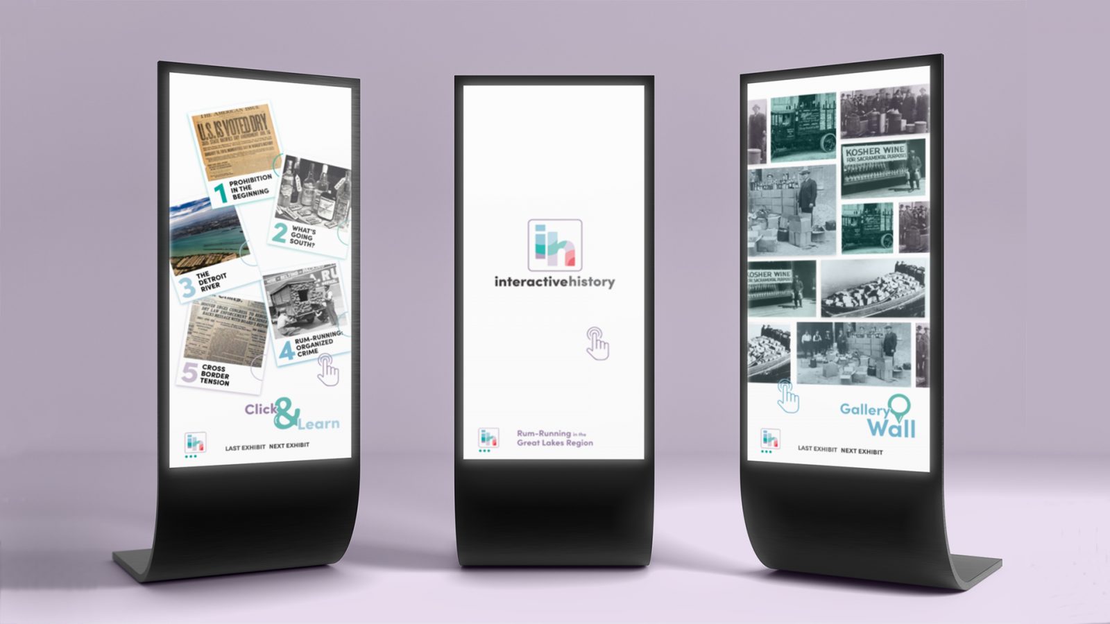 Interactive History is a digital museum exhibit that explores Canadian History. This image shows a kiosk mockup of how the Interactive History exhibit would appear in person. There are three different exhibit screens displayed.