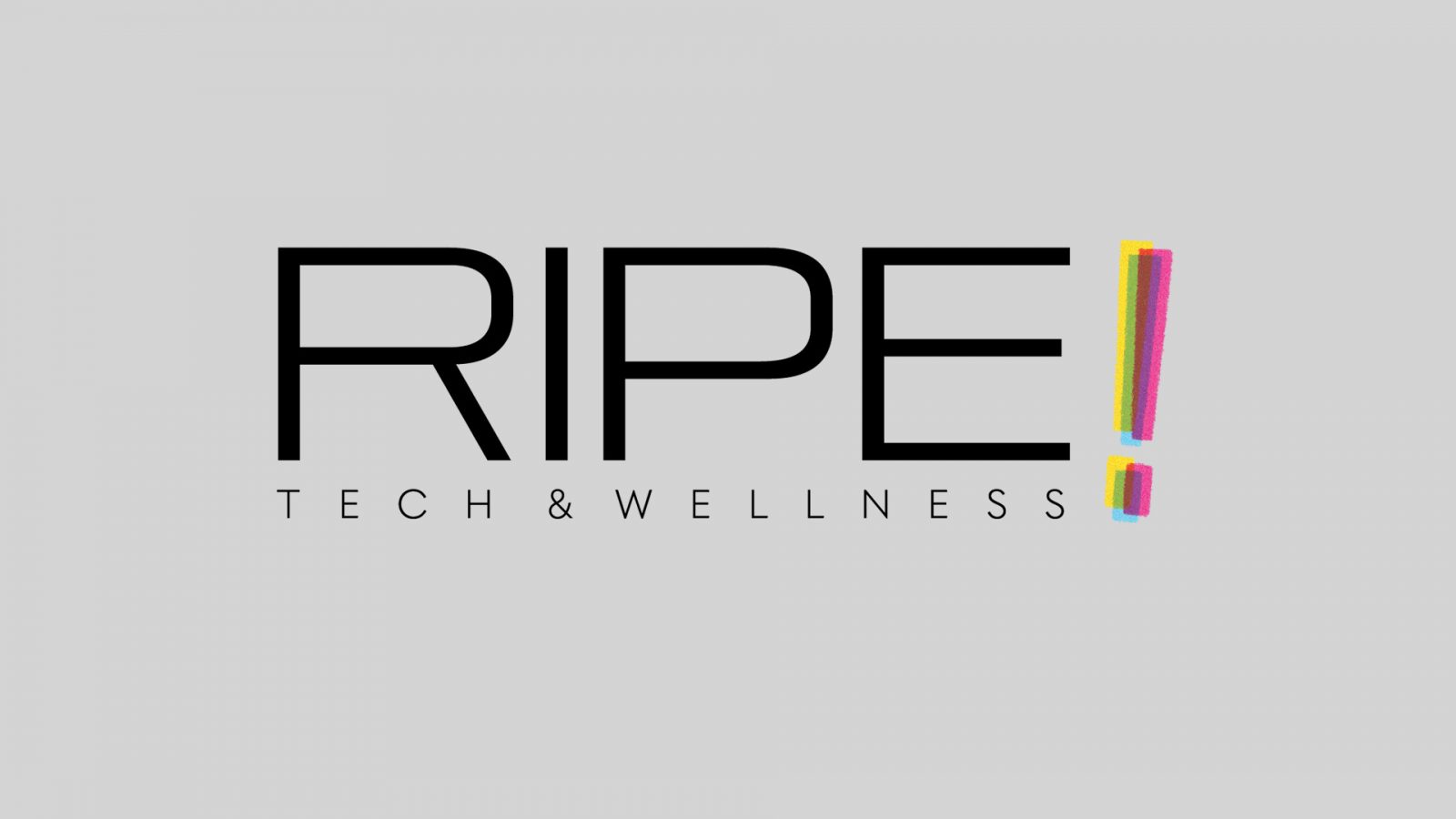 Ripe Magazine logo, Ripe in bold letter with “tech & wellness” smaller below. A layered exclamation point in 3 different colours at the end.