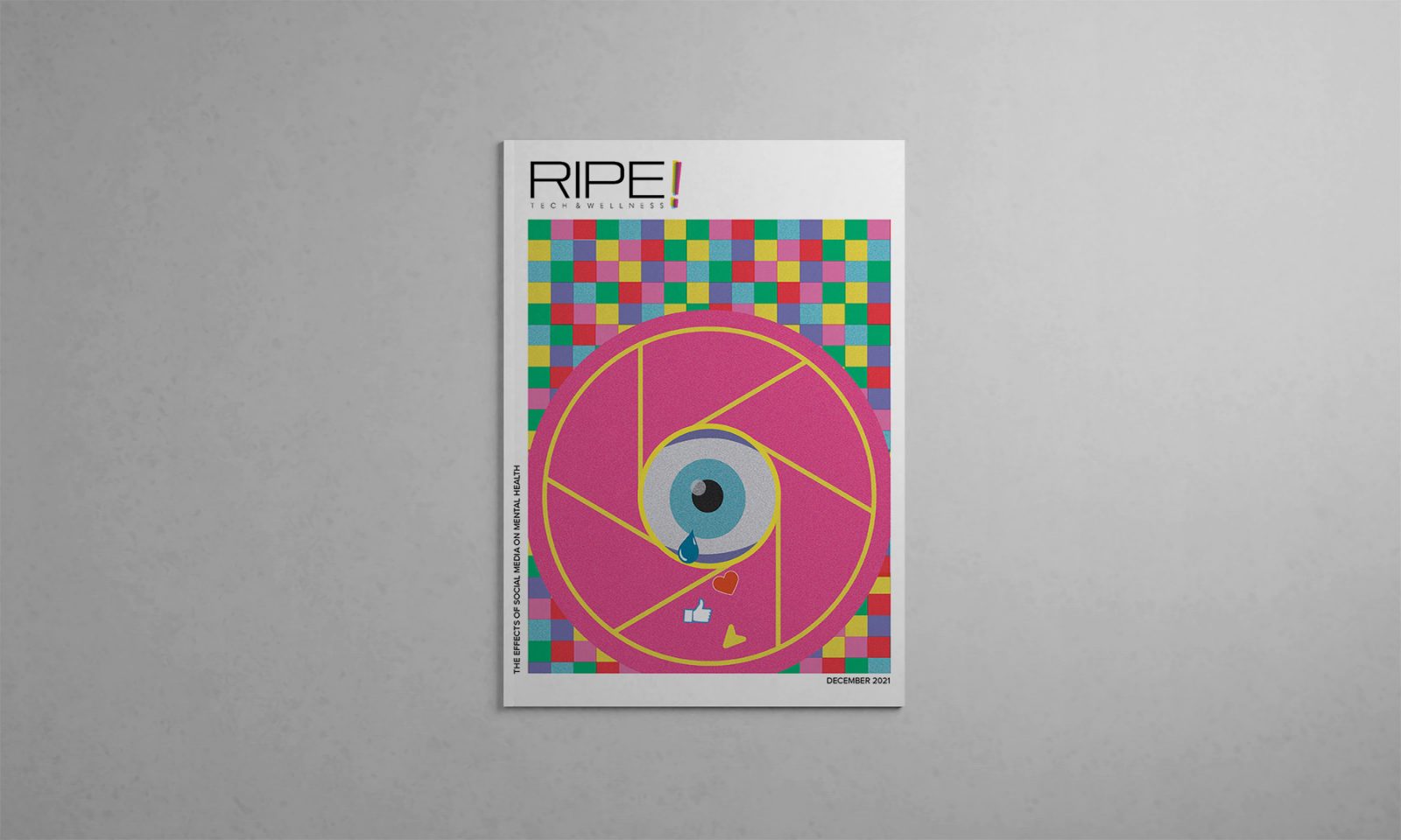 Magazine cover with Ripe logo in corner, pixel square background in bright colours with pink eye/lense illustration.