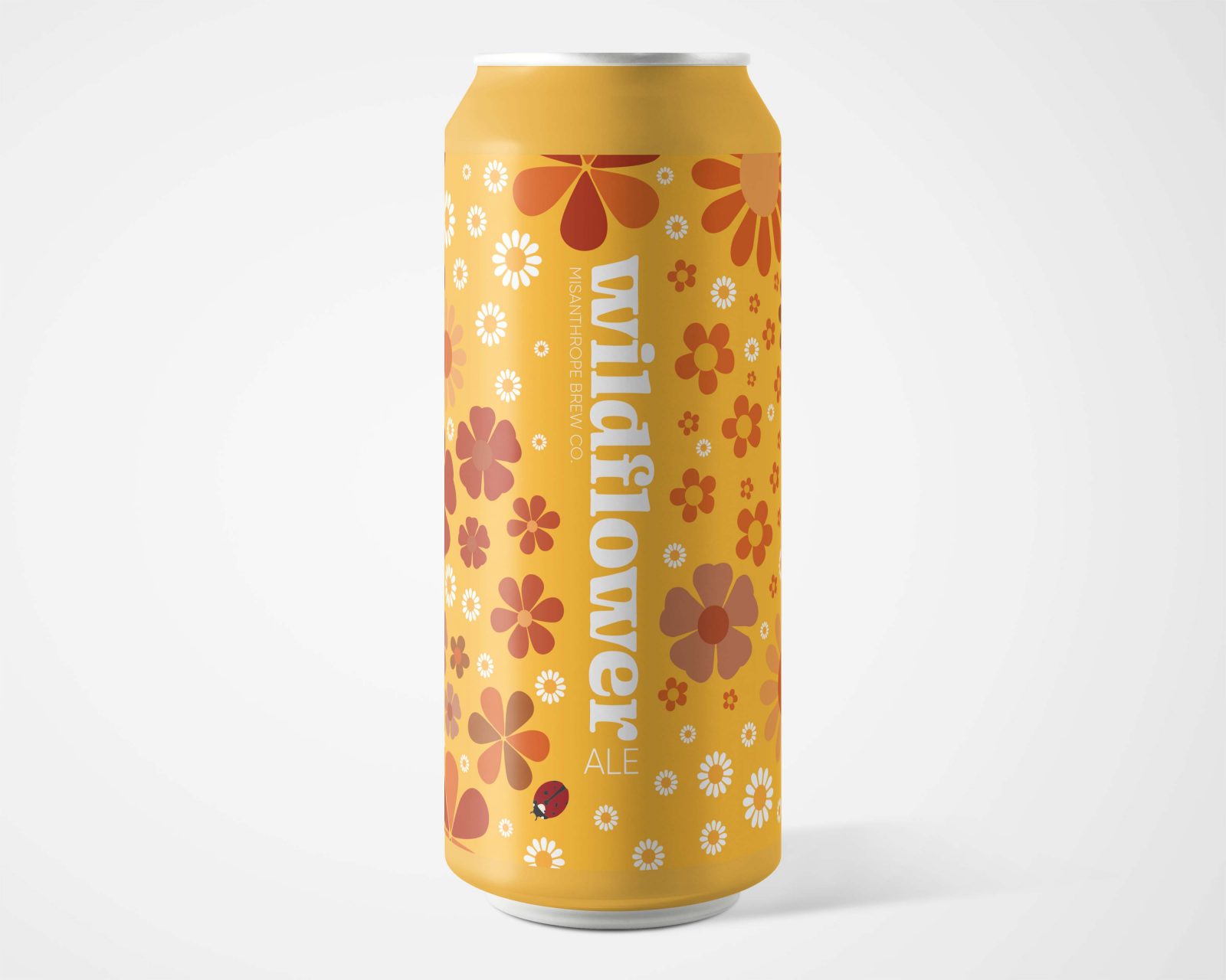 Singular yellow can for Wildflower beer, yellow, white, and orange flowers all over with ladybugs and a vertical logo going down the middle.