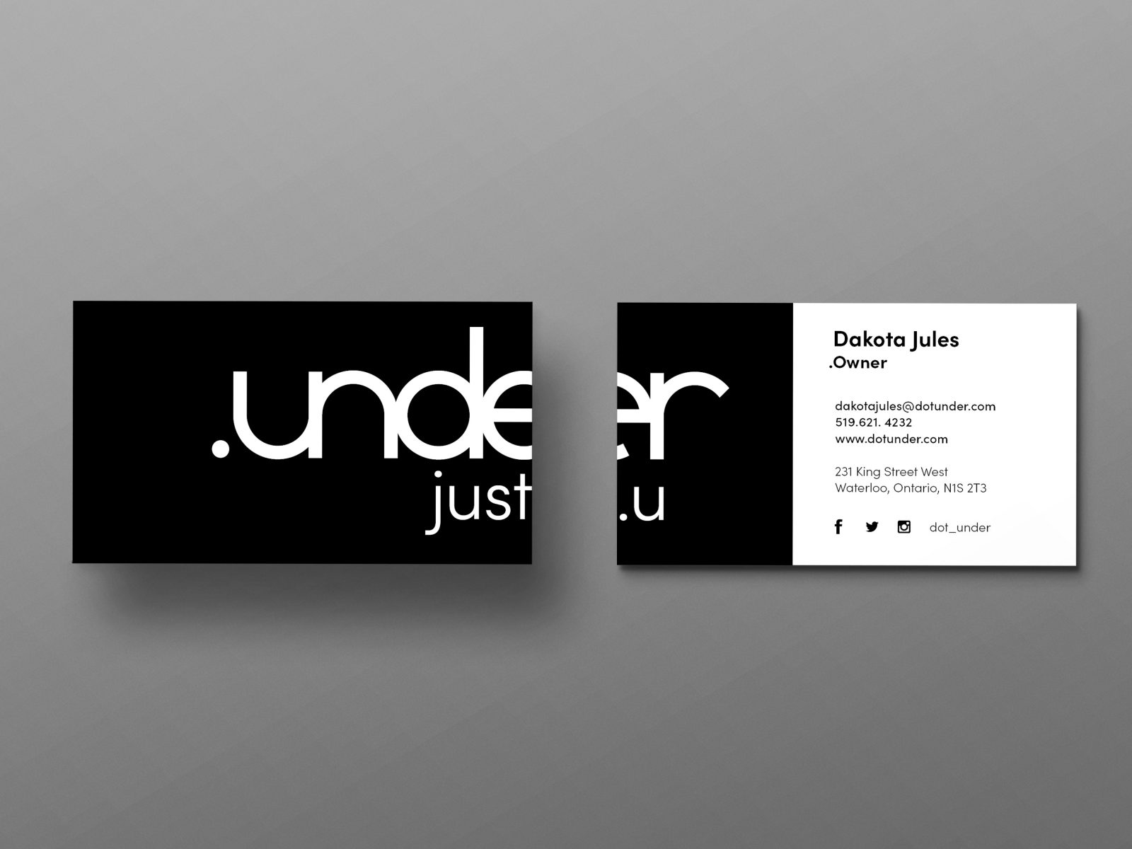 Dot Under business cards showing two sides of business cards, front and back. Front shows part of the logo. On the back it shows the rest of the logo from the front with Owner of the store’s contact information, website, and location of the store.