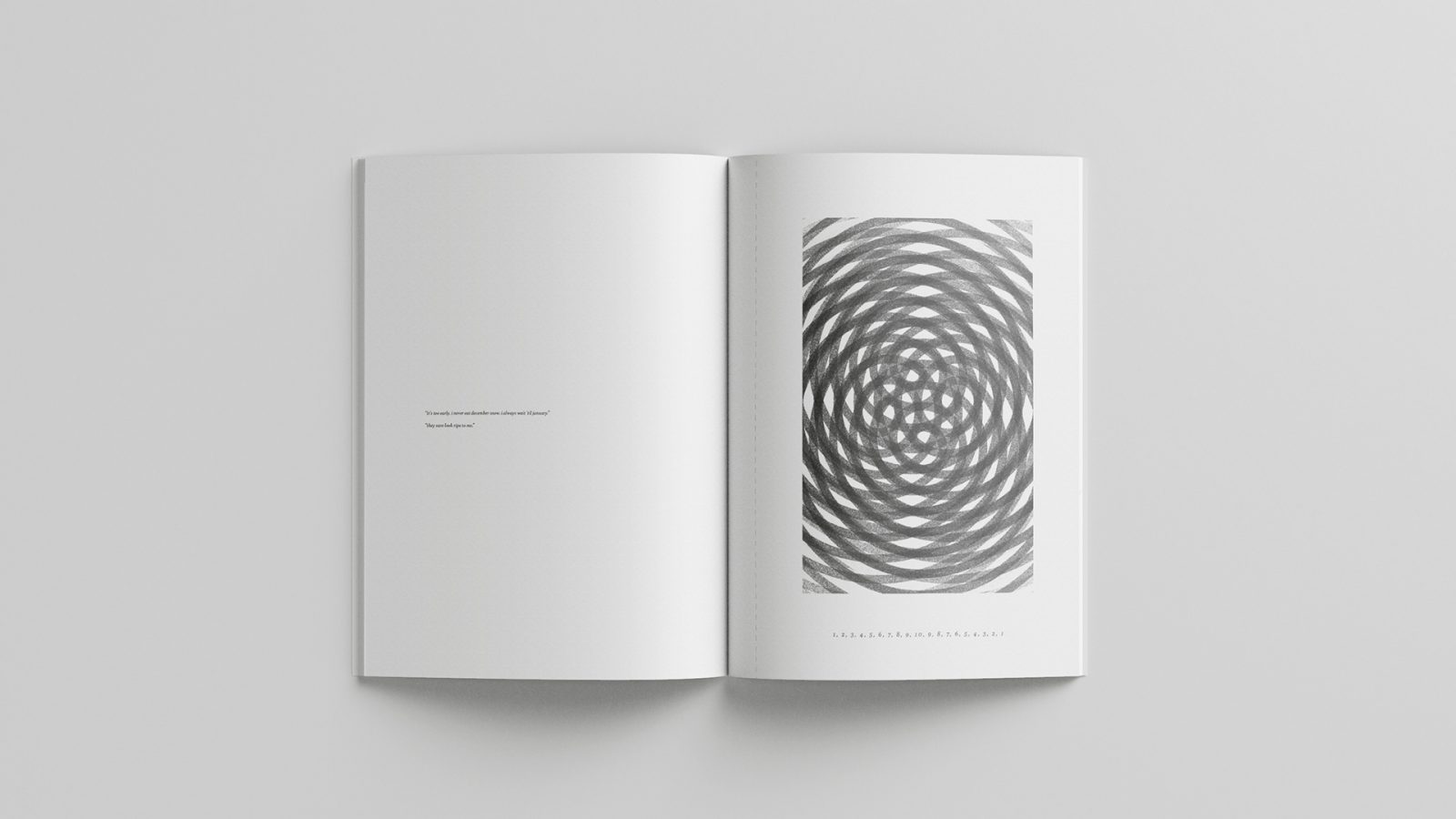 Image of a spread from musings. The spread is white, with a black, intricate, textured collection of spirals, flowing into and away from one another. Beneath, numbers count from 1 to 10, and back to 1.