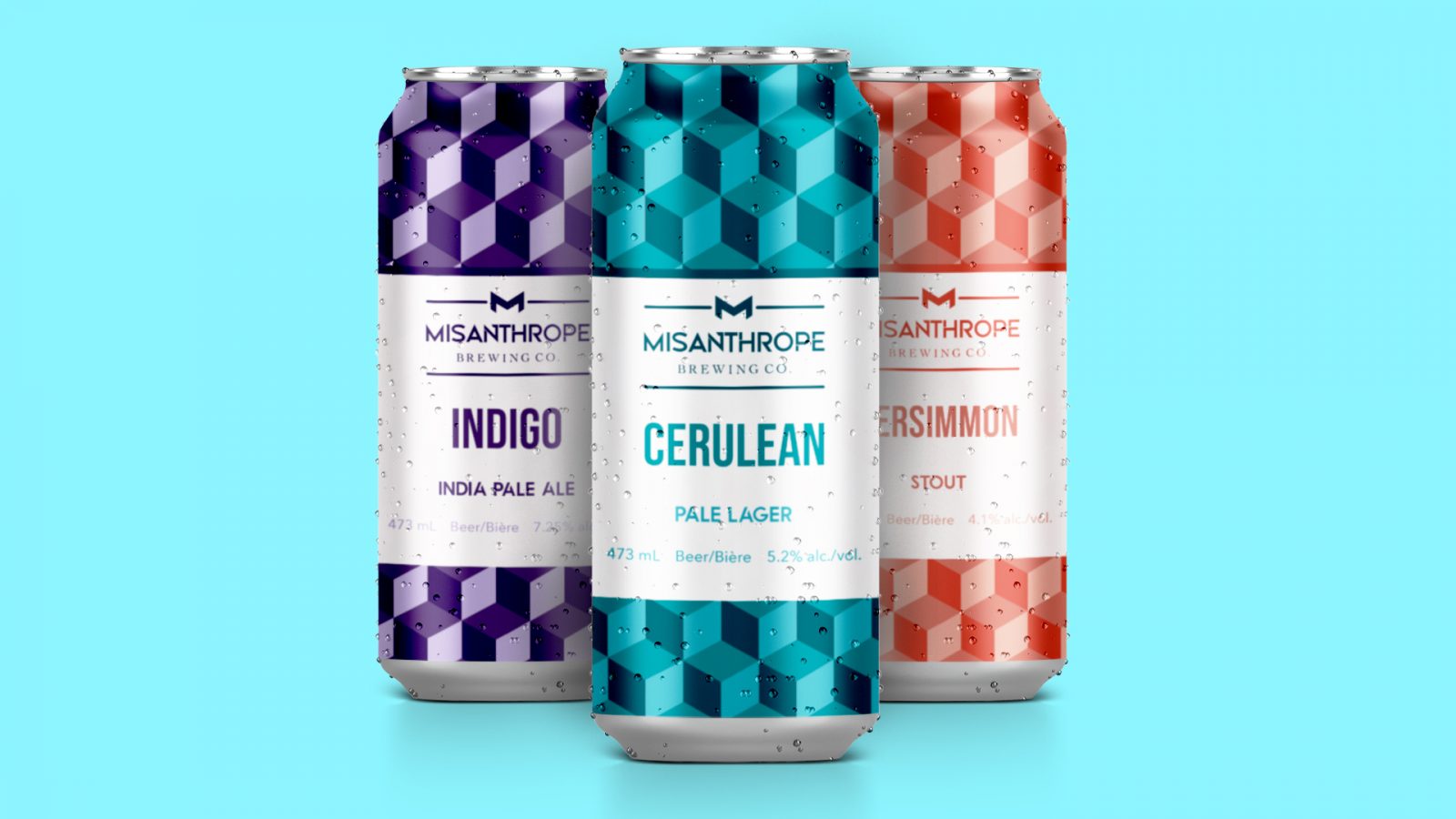 Three Misanthrope beers with 3D cube design. The color is also the name of each beer.