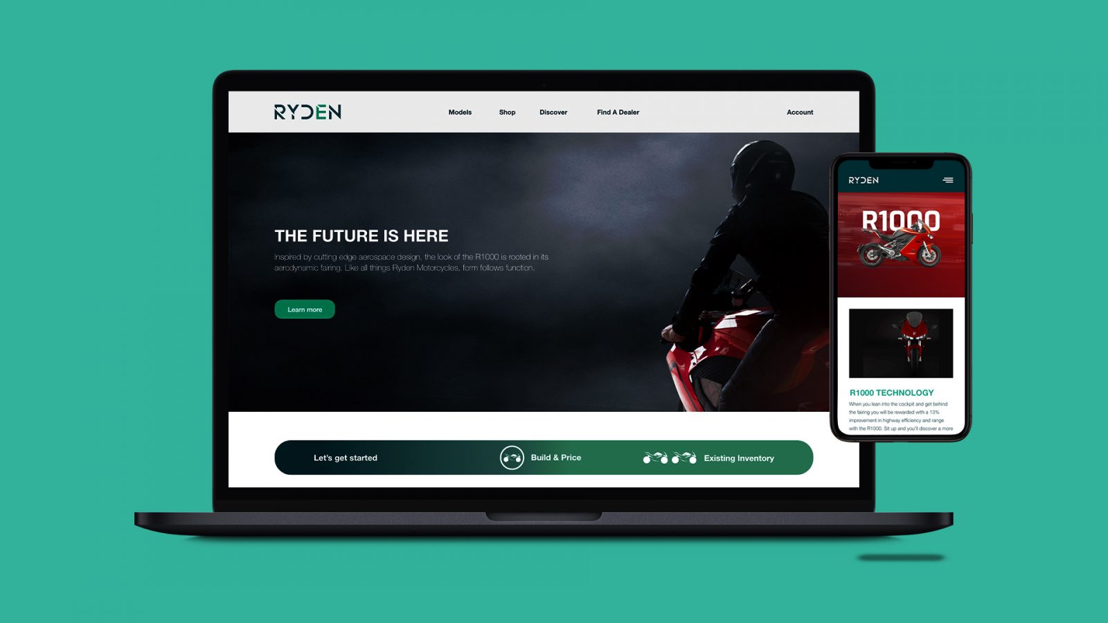Modern website design for two mobile and desktop platforms by Ryden - a Canadian electric motorcycle brand.