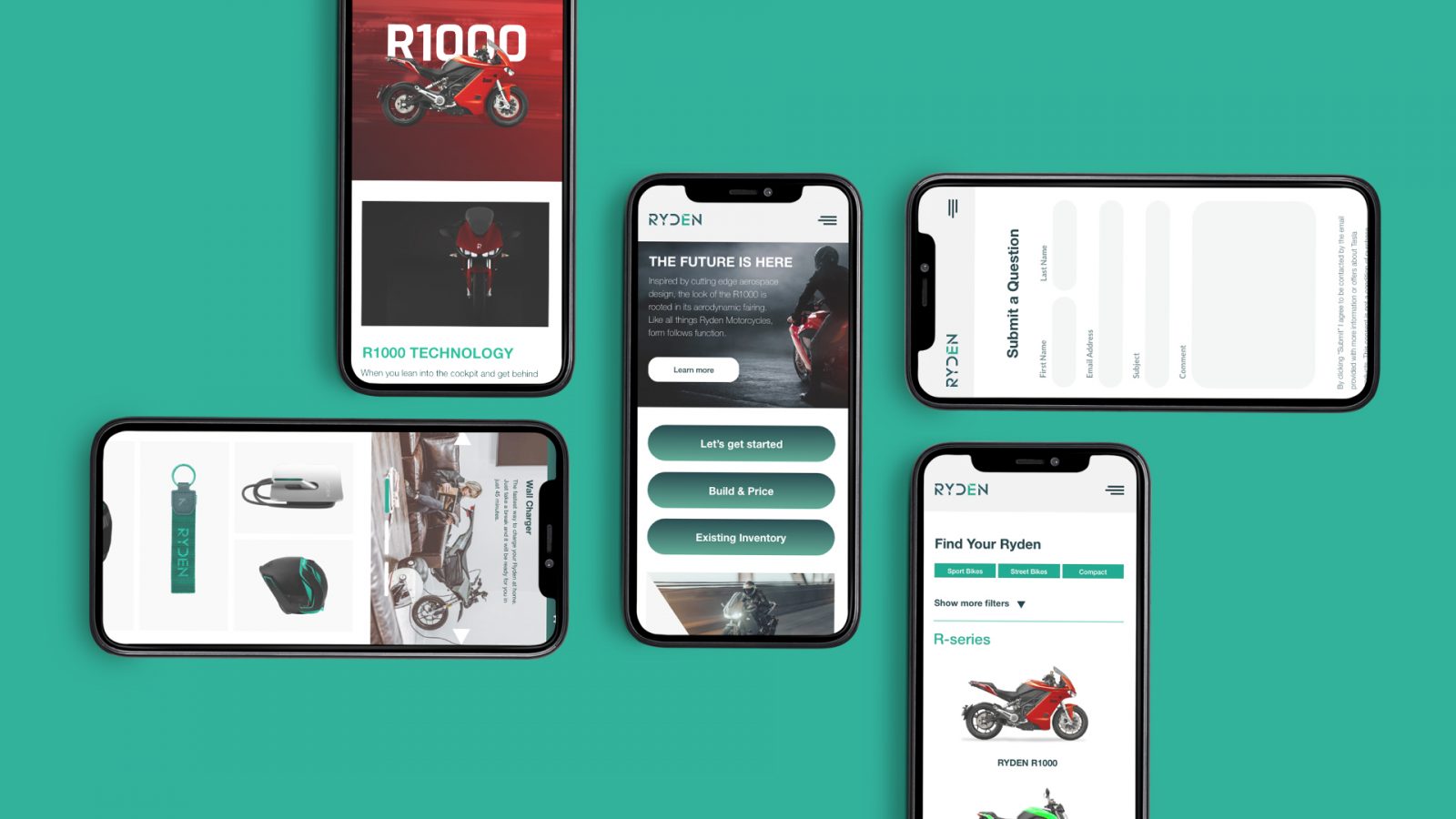 Website design for mobile platforms by Ryden. The image shows the main pages of the website such as home, models, store, contact and filters.