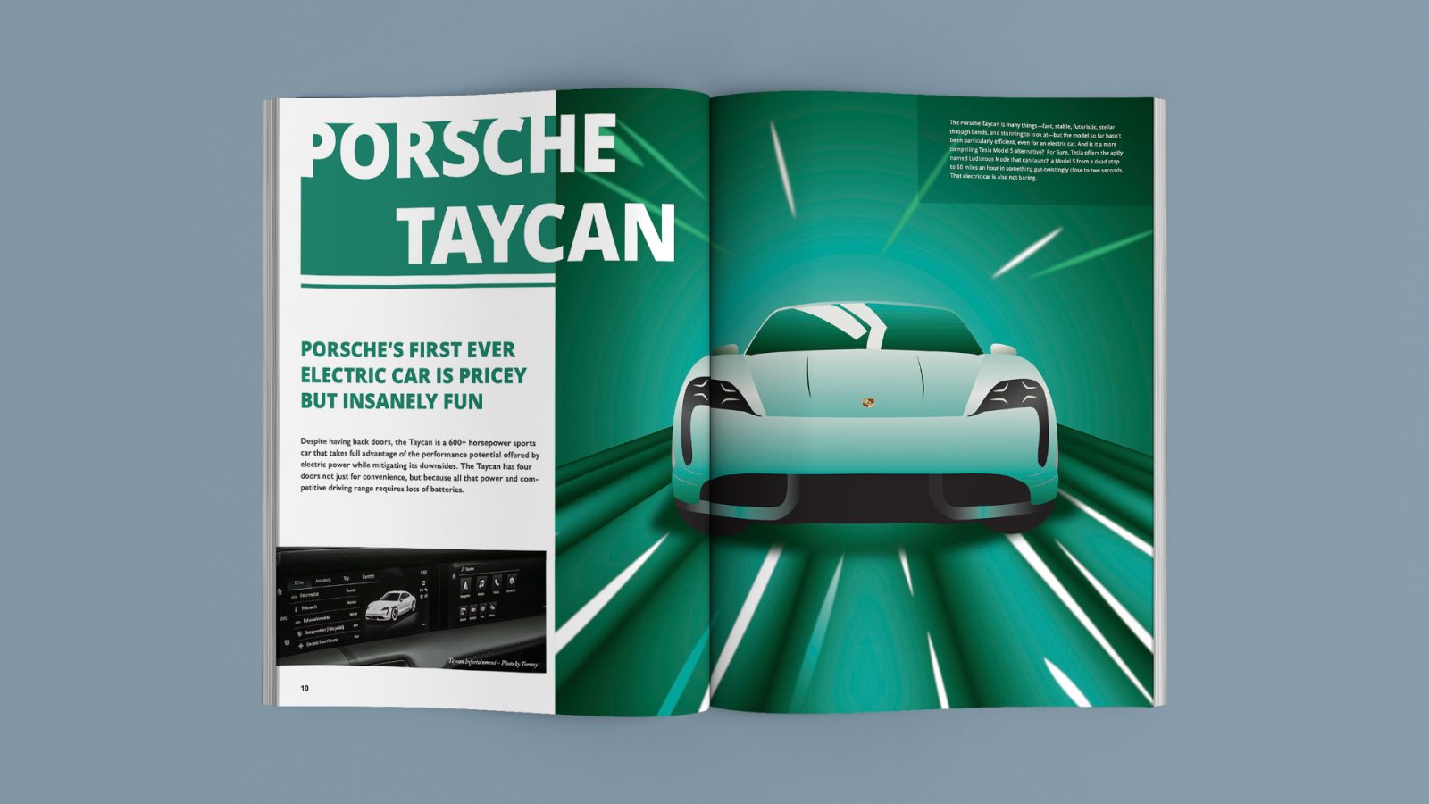 One of the magazine's spreads talked about a Porsche electric car. The spread uses a combination of images and illustrations to create attraction for readers.