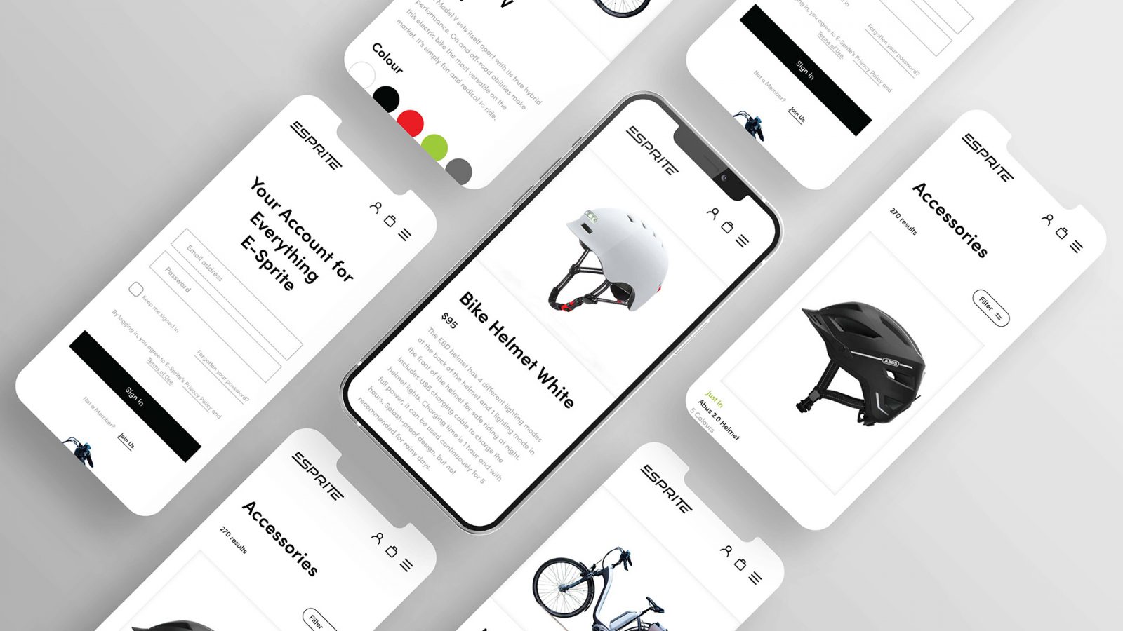 The website for ESprite features a home page, an accessories page, an account page, a sign in page, a bag page and pages for all three of the bike models.