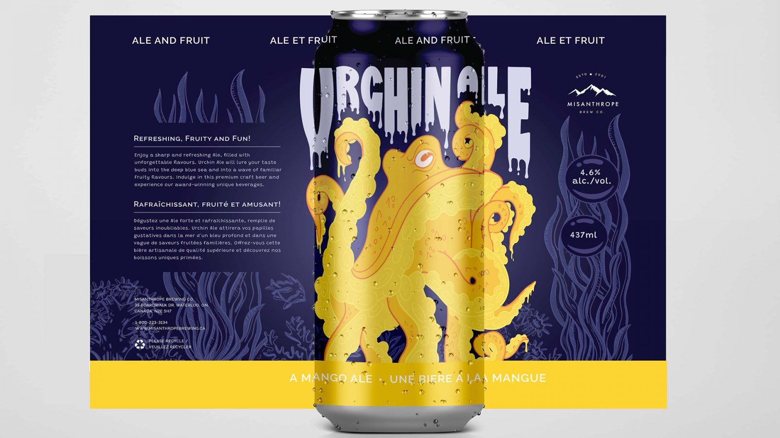 The illustrated octopus is a bright yellow colour for Urchin Ale’s mango flavour. The illustrated wordmark looks as though the urchin's ink is dripping from the letters. The background of the packaging is an illustration of the urchin's habitat.