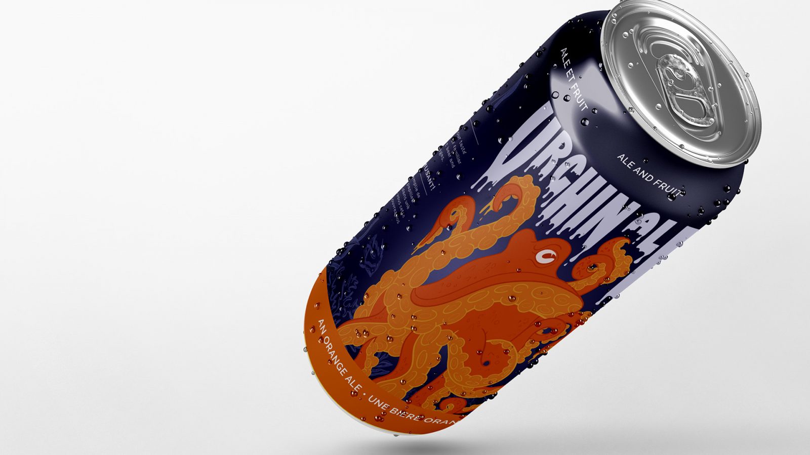 Urchin Ale is a fruit flavoured beer that comes in orange, mango and pomegranate. This is the orange flavoured ale. The packaging features an illustrated octopus that is bright and changes colour depending on the flavour of the can. The illustrated urchin highlights its suckers that allow them to grip and lure its consumers in.