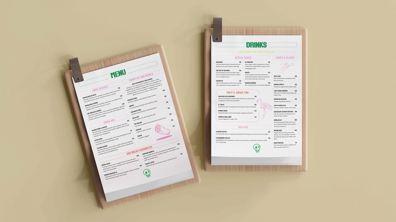 Dos Bocas also features a menu with popular Spanish dishes, especially tacos. Again the menu is designed with bright and fun colours, such as green and pink, and also includes small illustrations, for example a flamingo and taco.