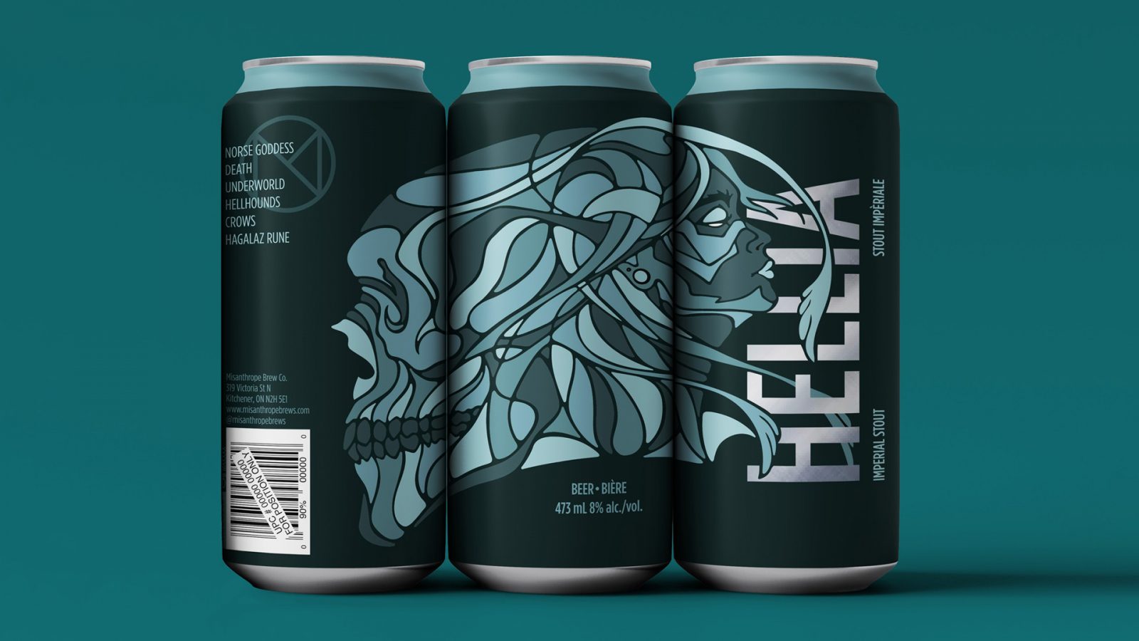 A set of three beer cans placed side-by-side display a design based off of Hellia, or Hel, the Norse Goddess of the underworld. An illustration spreads across the surface of the can depicting the goddess’s face and a skull amid swirling, interconnecting lines. The illustration uses dark teal line work and is coloured similarly to a mosaic in four varying shades of turquoise. Large sans serif type that reads “Hellia” is stacked vertically and intertwined with the design. The silver metal of the can shines through the type. The background is dark teal with a light turquoise ring along the top of the can. Misanthrope’s brand logo is placed above and to the left of the illustrated skull. The logo is a customized ‘M’ within a circle, coloured teal to match the can’s design. Left aligned text overlays the logo in light turquoise, listing six words associated with the goddess: Norse goddess, death, underworld, hellhounds, crows, Hagalaz rune. The three cans are displayed against a teal background.