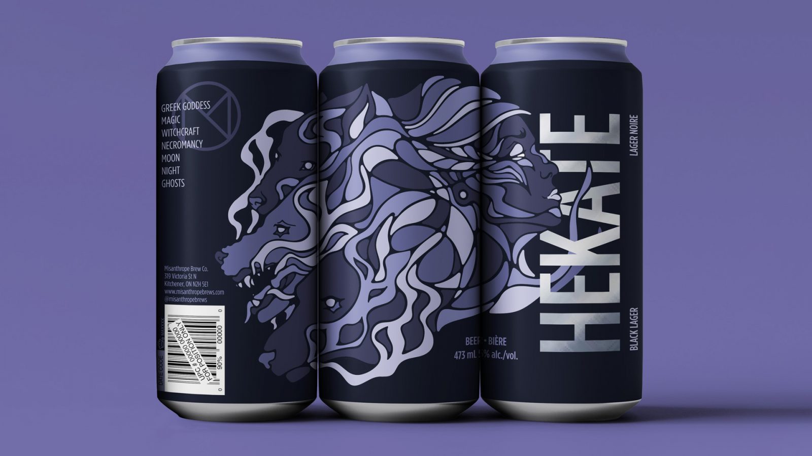 A set of three beer cans placed side-by-side display a design based off of Hekate, the Greek Goddess of the crossroads and witchcraft. An illustration spreads across the surface of the can depicting the goddess’s face and the faces of three wild dogs amid swirling, interconnecting lines. The illustration uses dark plum line work and is coloured similarly to a mosaic in four varying shades of blueish-purple. Large sans serif type that reads “Hekate” is stacked vertically and intertwined with the design. The silver metal of the can shines through the type. The background is dark plum with a light blueish-purple ring along the top of the can. Misanthrope’s brand logo is placed above and to the left of the illustrated dog heads. The logo is a customized ‘M’ within a circle, coloured dark purple to match the can’s design. Left aligned text overlays the logo in light purple, listing six words associated with the goddess: Greek Goddess, magic, witchcraft, necromancy, moon, night, and ghosts. The three cans are displayed against a blueish-purple background.