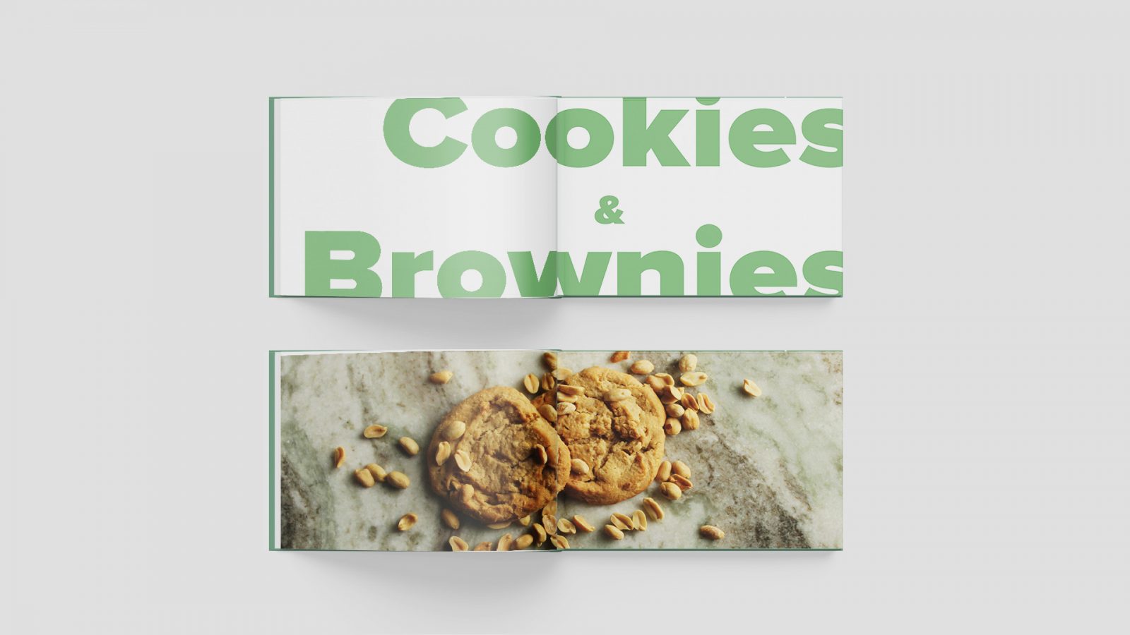 Two images of spreads from the “Recipe Book of Memories”. The first image displays the section title “Cookies and Brownies” in large bold green letters that span across the book from left to right. The second spread image features two peanut butter cookies on a piece of green and white marbled granite with peanuts spread around the two cookies.