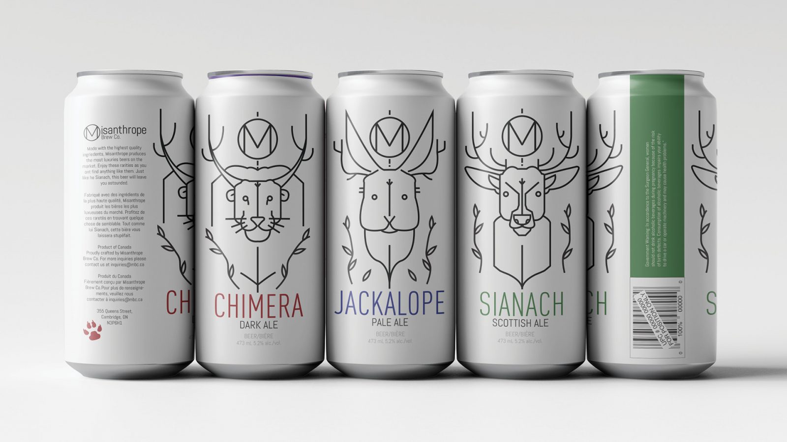 Three beer can designs. From left to right it is Chimera, Jackalope, and Sianach. Chimera is a dark ale with an illustration of a mythical creature that looks like a lion with large horns. Jackalope is a pale ale with an illustration of a mythical creature that looks like a rabbit with antlers. Sianach is a Scottish ale with an illustration of a mythical creature that resembles a deer with glowing eyes and hooves. The illustration style for the creatures are done with black, mono-weight lines on a white background. The product names are in colours: “chimera” is red; “jackalope” is blue; and “sianach” is green.