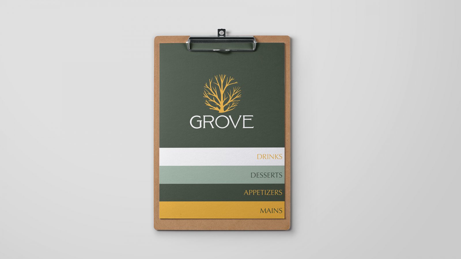 Grove restaurant menu has the Grove logo – a circular tree icon that is golden yellow, under the tree icon is the word Grove in white. The menu is made up of five overlapping layers. The pages gradually get shorter the closer to the top they are allowing the title from the page below to show. The top page is a dark green with the logo centred. The second page is white with the title on the bottom right in golden yellow. The title is drinks. The third page is light green with the title on the bottom right in dark green. The title is desserts. The fourth page is dark green with the title on the bottom right in golden yellow. The title is appetizers. The fifth page is golden yellow with the title on the bottom right in dark green. The title is mains. All these pages are held together with a clipboard.