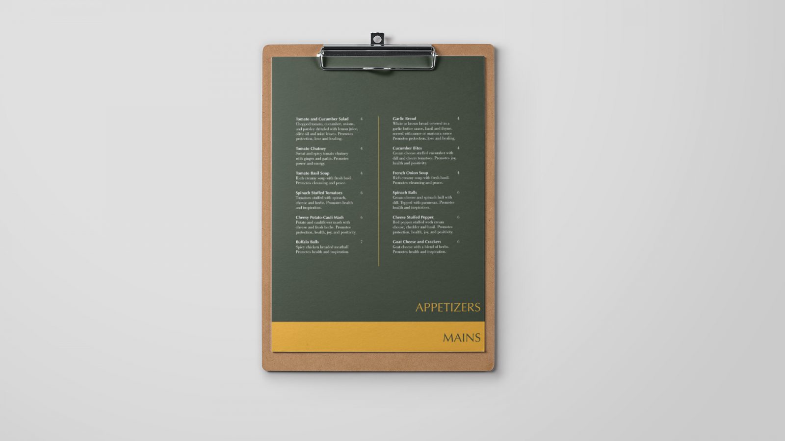 Bottom two pages of Grove restaurant menu. The top page is slightly shorter than the bottom allowing the headers to show. The first page is dark green with the title on the bottom right in golden yellow. The title is appetizers. The page is 2 columns wide and has a line down the centre. The second page is golden yellow with the title on the bottom right in dark green. The title is mains. All these pages are held together with a clipboard.