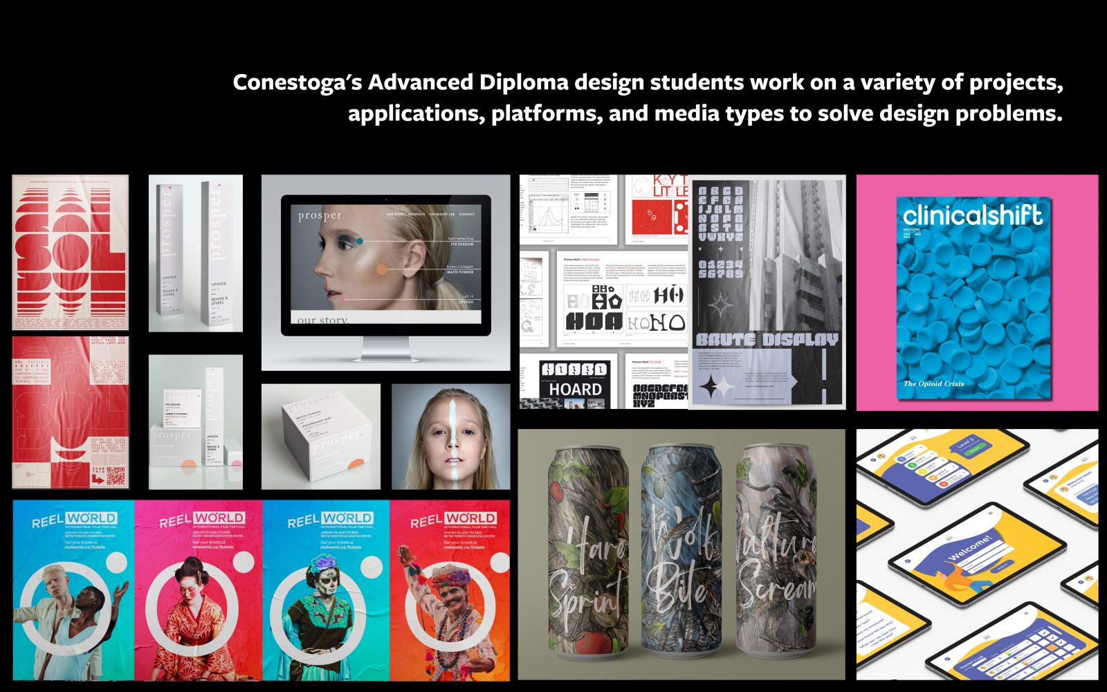 Slide image with numerous project images and text: Conestoga's Advanced Diploma design students work on a variety of projects, applications, platforms, and media types to solve design problems.