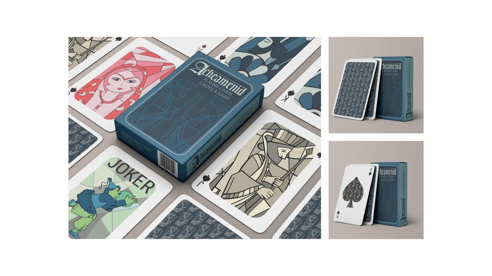 Acheamenid playing game cards are designed based on middle eastern themes. Design is inspired by engraved figures from ancient Persepolis palace in Shiraz. The image shows a dark blue package in the center of the image that is surrounded by face cards laid parallelly to the box and beside it.