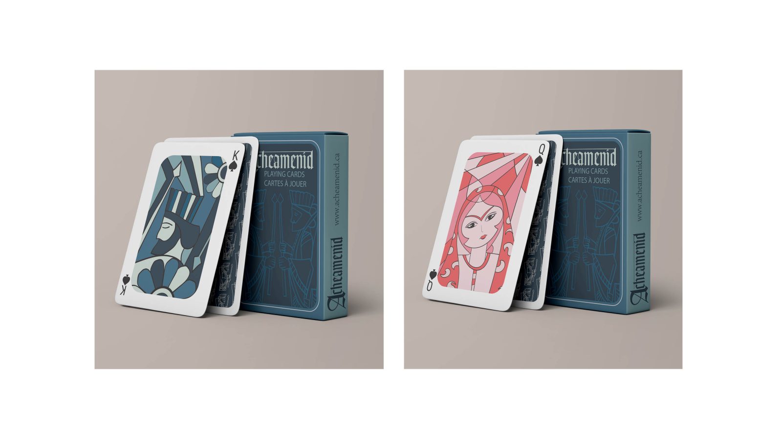 The image is divided into 2 parts, left and right. on the right the Queen card is visible and there are 2 more cards behind it, they are leaning on the package of the cards in a vertical position, the Queen card is mostly in red colour. on the left it is similar to the right side but this side the King card is in front. King card is in dark blue.