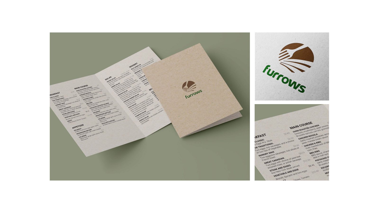 The image shows the logo of Furrows restaurant at top right corner and part of a restaurant menu at bottom right corner. on the left that covers two thirds of the image is an unfolded restaurant menu in white colour and a folded menu on top of it in brown kraft colour. There is a logo on the closed menu.