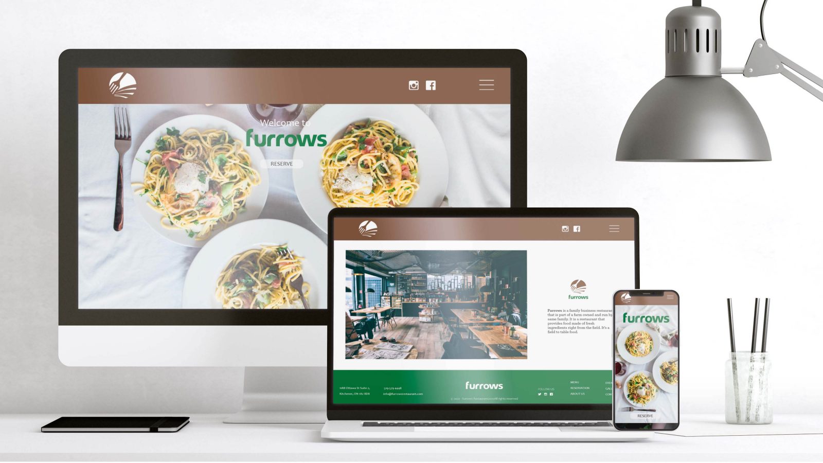 The image is the mock up of a Furrow's website pages in 3 different monitors from laptop size to tablet and cellphone side by side with slight overlap. The laptop shows 3 plates of food with Furrows' logo in green on the center. the tablet shows the ambience of the restaurant including the dining are and the cellphone shows the same plates that tablet shows