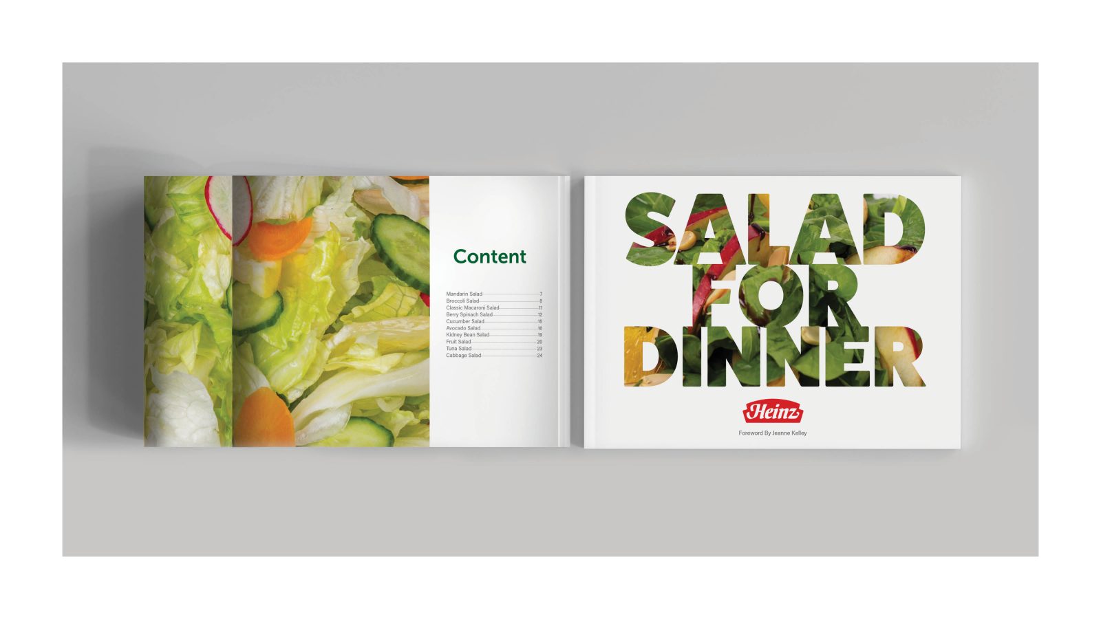 This image shows the spread of 2 pages of the Salad for Dinner magazine. On the left page it is the content and the page is divided into 2 sections, the left part is a picture of some vegetables in green colour and on the right its content in black text in white background. On the second page the salad for dinner is illustrated in large size and letters are coloured with vegetables themes.