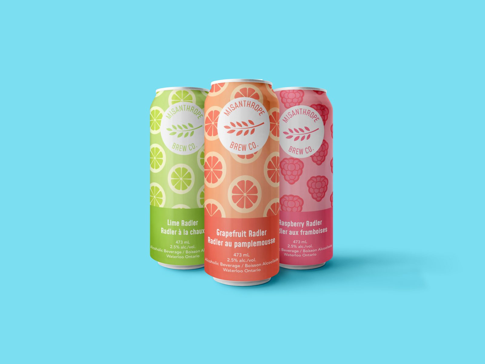 Beer can design for Misanthrope Brew Company features a grapefruit flavour with a bright pink–orange background with illustrations of a grapefruit pattern around the can.