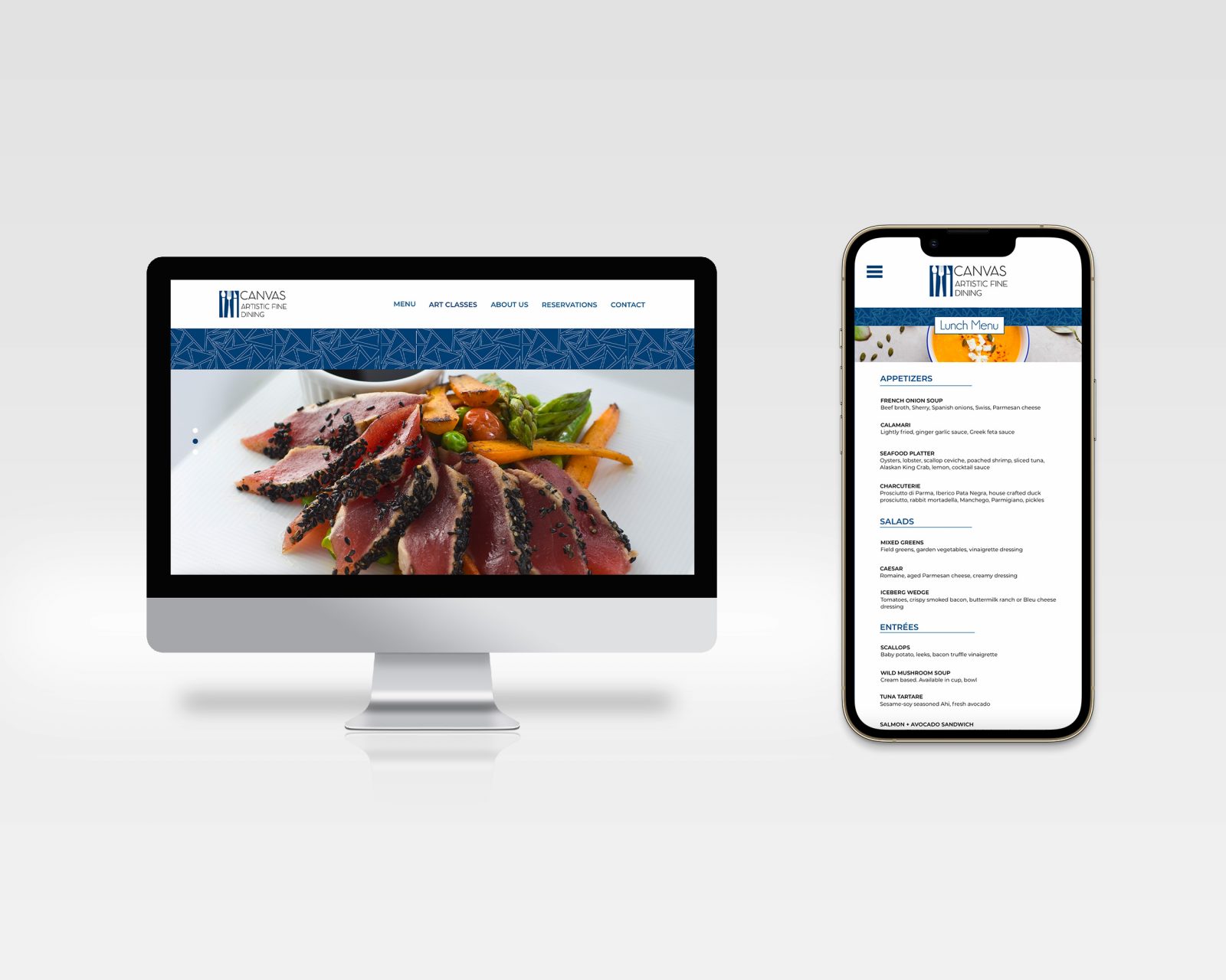 Mockup of Canvas restaurant website on desktop computer and mobile