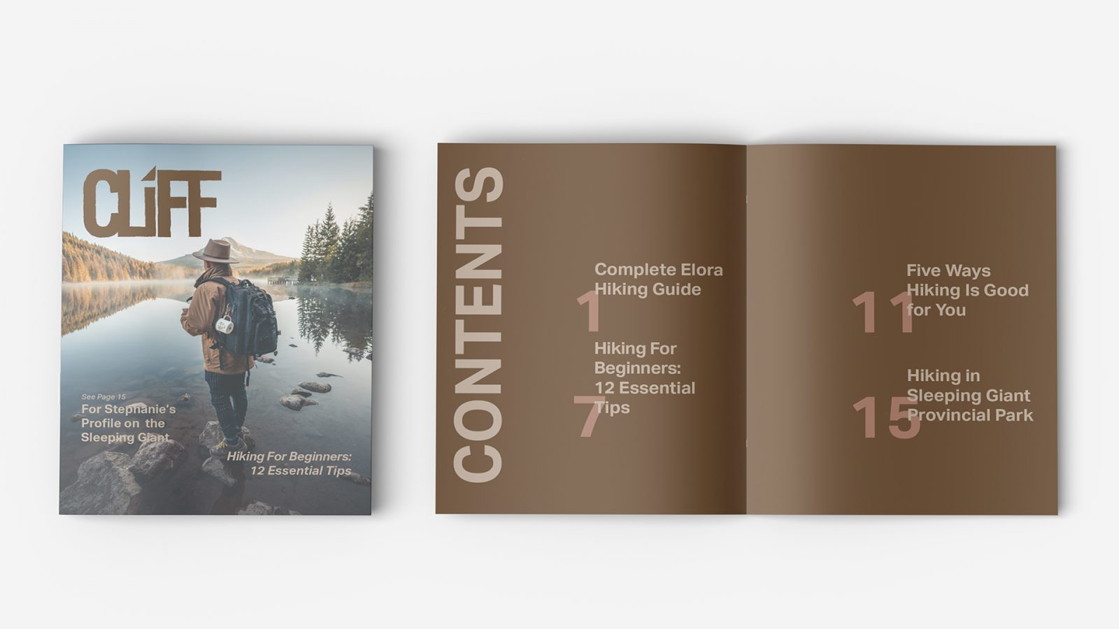 Cover and table of contents panel of a hiking magazine. Cover shows gentleman standing by a river bank looking at the mountains and taking in nature. The table of contents panel shows large type directing readers to specific stories and articles.