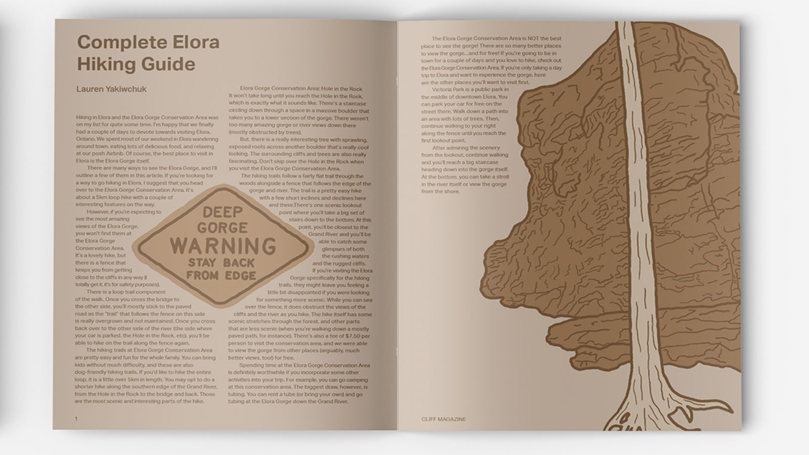 Magazine spread shows articles regarding Elora Gorge. The illustrations are based on photographs in an effort to maintain consistency in a way that is rather unconventional to most other magazines.