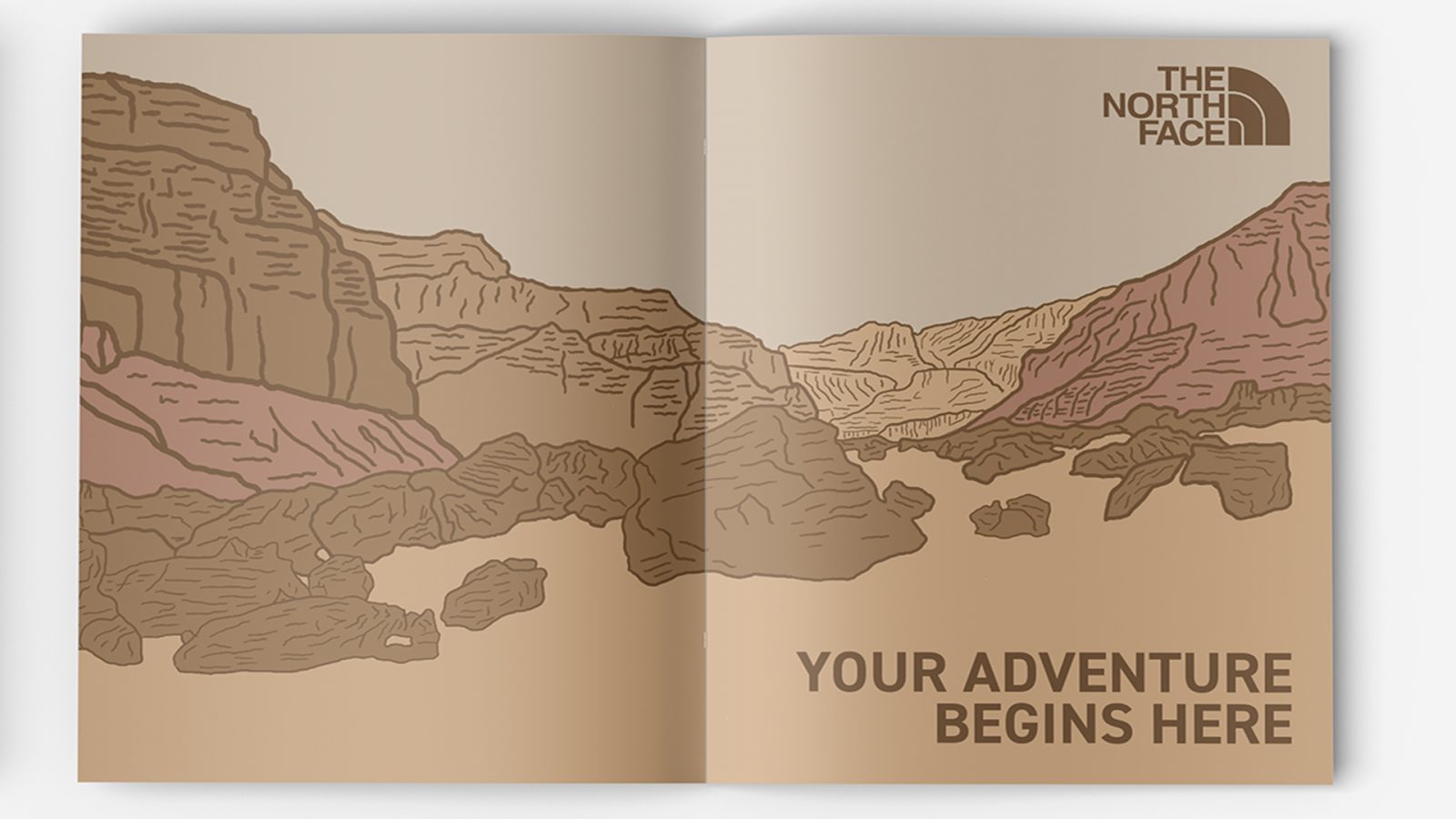 The last spread shows an illustrated advertisement for The North Face clothing company. Again being unconventional to most other magazines, the exclusively illustrated advertisement depicts a canyon as well and The North Face logo and a slogan all while maintaining a strict colour palette.