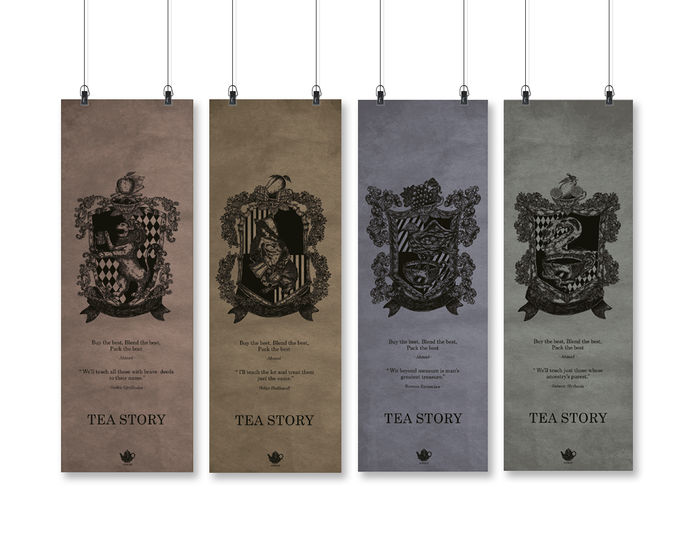 Tea Story is the sub brand of Amhad tea, in collaboration with Harry Potter. Each dormitory has different flavours of tea depending on colour: Ravenclaw is grape, Slytherin is lemon, and Hufflepuff is Mango tea flavour.