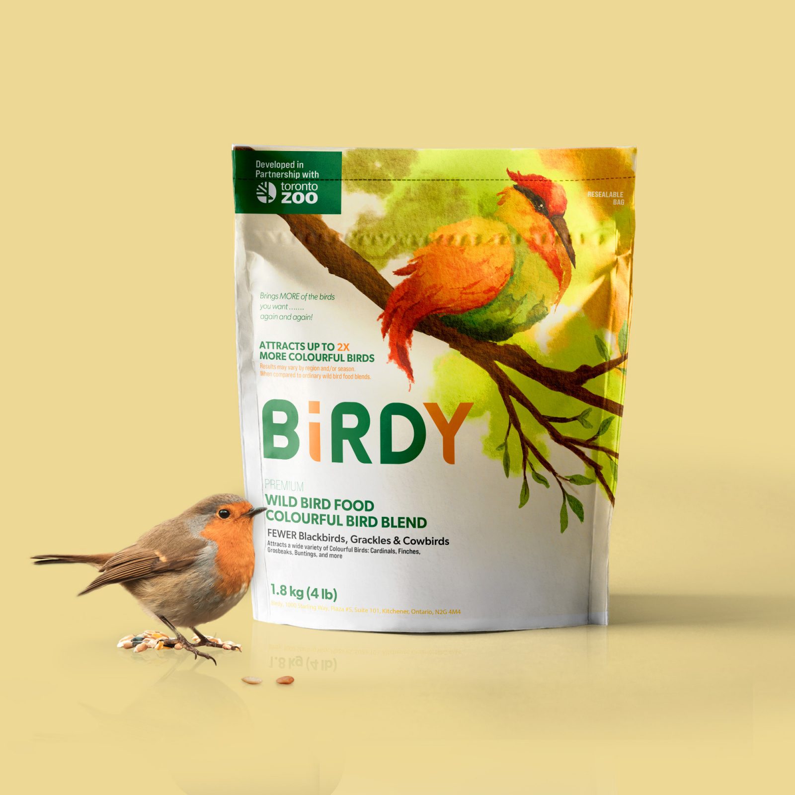 Birdy brand bird seed works in collaboration with Toronto Zoo to offer consumers quality wild bird seed. Birdy bird seed can be bought at Toronto Zoo. Three face panel options were created, giving the potential client a variety of choices.