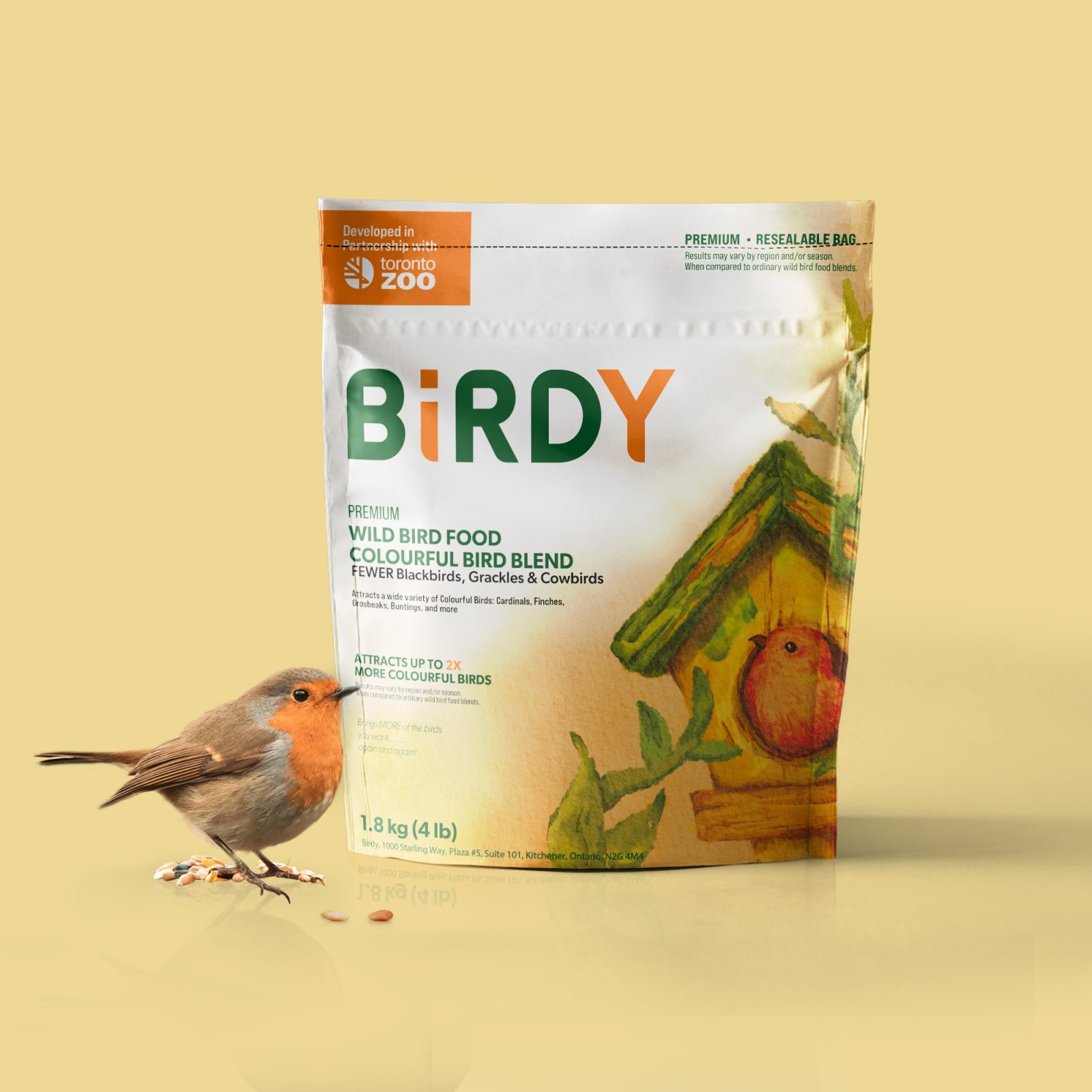 Birdy brand bird seed works in collaboration with Toronto Zoo to offer consumers quality wild bird seed. Birdy bird seed can be bought at Toronto Zoo. Three face panel options were created, giving the potential client a variety of choices.