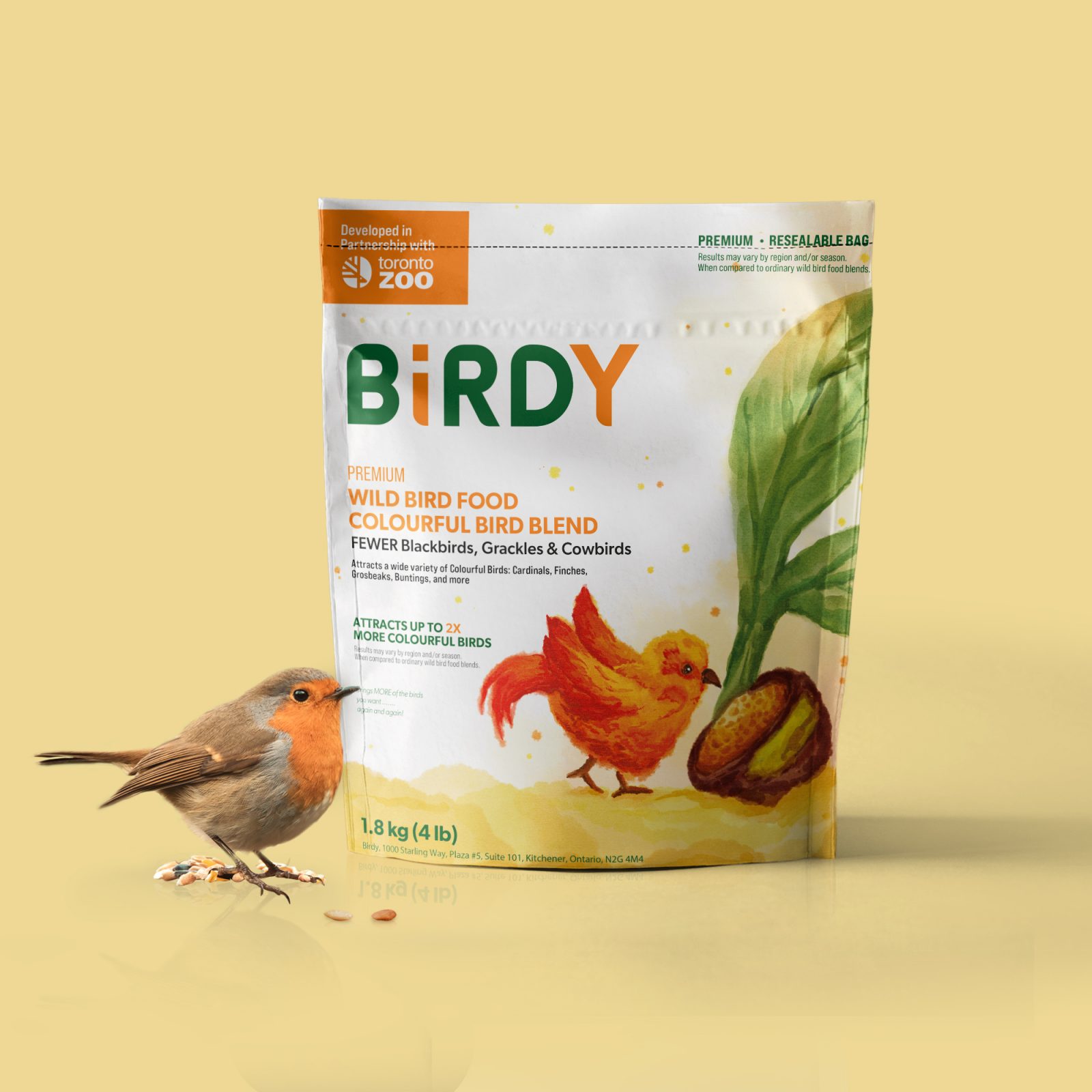 Birdy brand bird seed works in collaboration with Toronto Zoo to offer consumers quality wild bird seed. Birdy bird seed can be bought at Toronto Zoo. Three face panel options were created, giving the potential client a variety of choices.