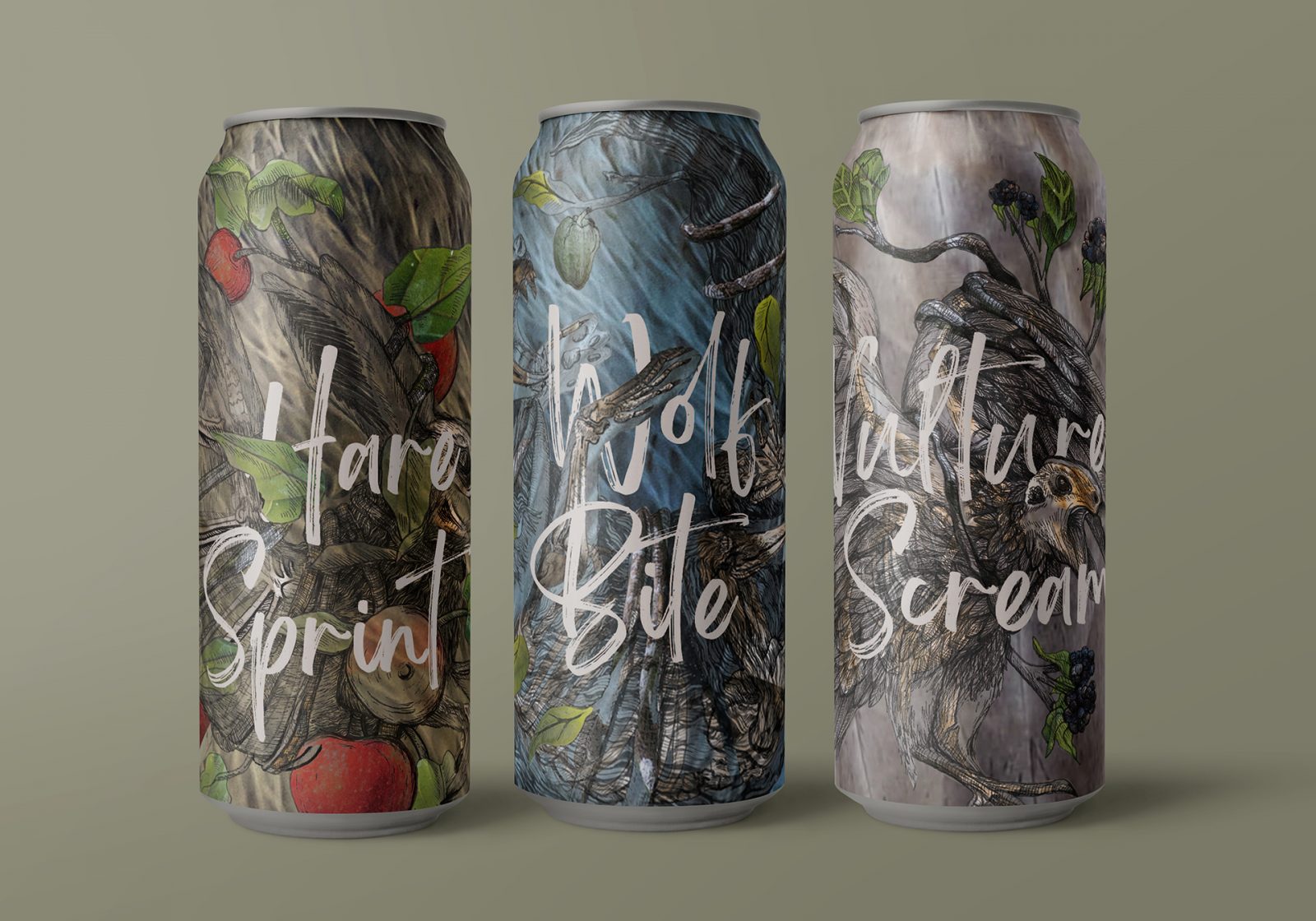 Three cans for Misanthrope Brew Co.’s alcohol beverage series. This photo shows all three cans with Wolf Bite, a dark stout on the left, Hare Sprint, a dry cider in the middle and Vulture Scream, a cream ale on the right. The cans are highly illustrated with layers of an animal and the ingredients for each flavour profile done in traditional ink drawings and coloured with photography and natural textures. The style is modern gothic and looks dark but colourful.