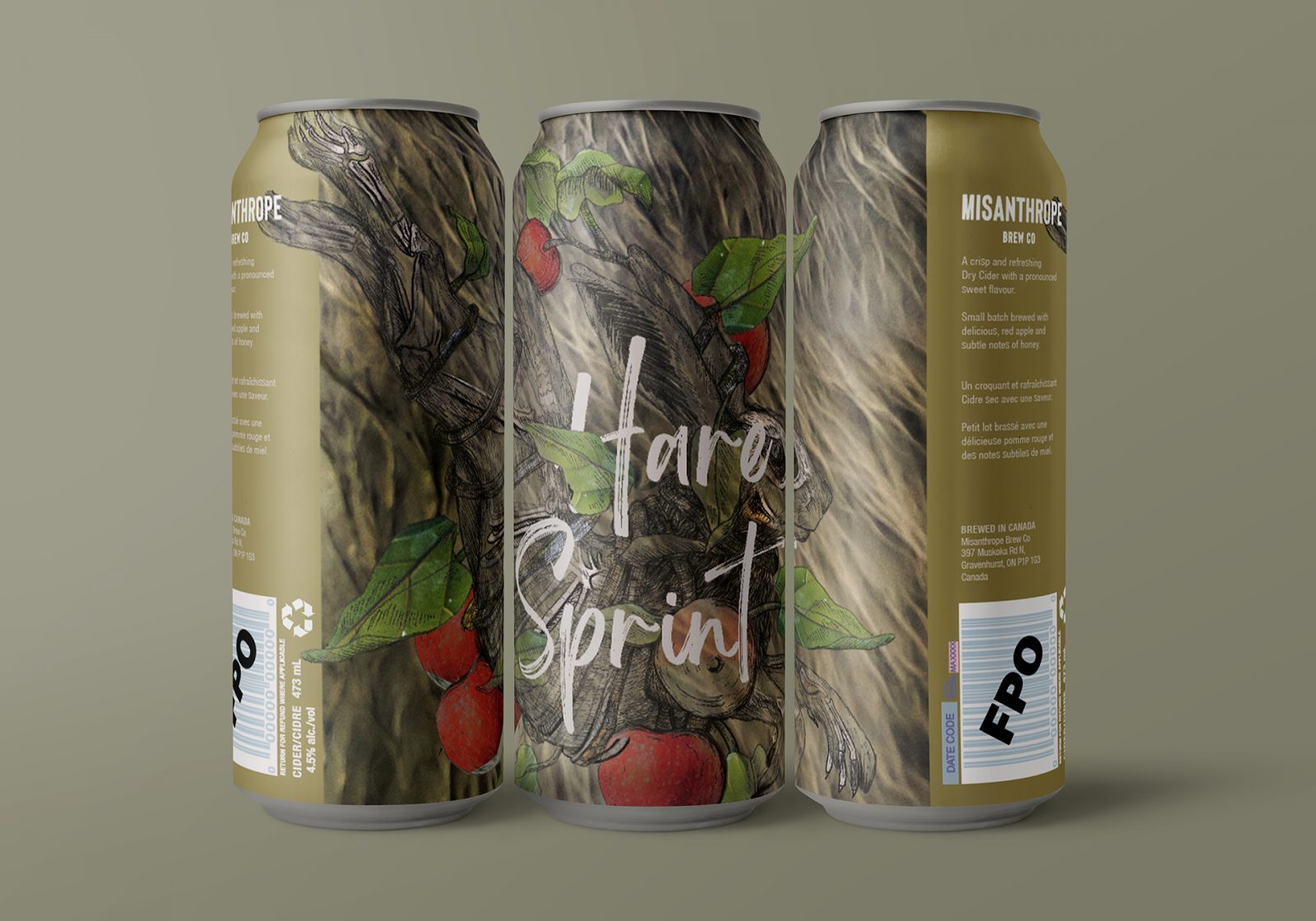 Hare Sprint, a dry cider by Misanthrope Brew Co. The can is a tan colour with an ink drawing of a rabbit running with a branch of apples wrapped around it. There is another ink drawing layered overtop with the rabbit’s skeleton and the entire illustration is coloured with bits of photography of rabbits and red apples.