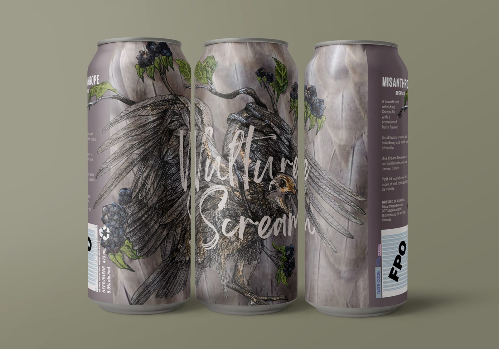 Vulture Scream, a blackberry cream ale by Misanthrope Brew Co. The can is lilac with an ink drawing of a vulture wrapped in a vine of blackberries. There is another ink drawing layered overtop with the vulture’s skeleton and the entire illustration is coloured with bits of photography of vultures and blackberries.