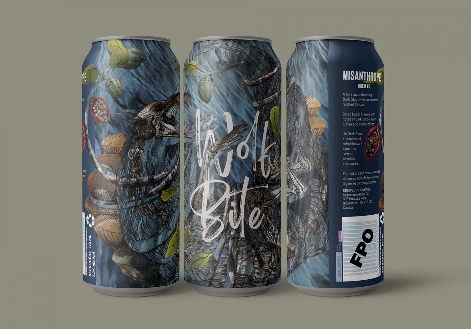 Wolf Bite, a chaga and chocolate dark stout by Misanthrope Brew Co. The can is dark blue with an ink drawing of a wolf curled in chaga mushrooms and cocoa bean pods. There is another ink drawing layered overtop with the wolf’s skeleton and the entire illustration is coloured with bits of photography of wolves, chaga mushrooms and cocoa pods.