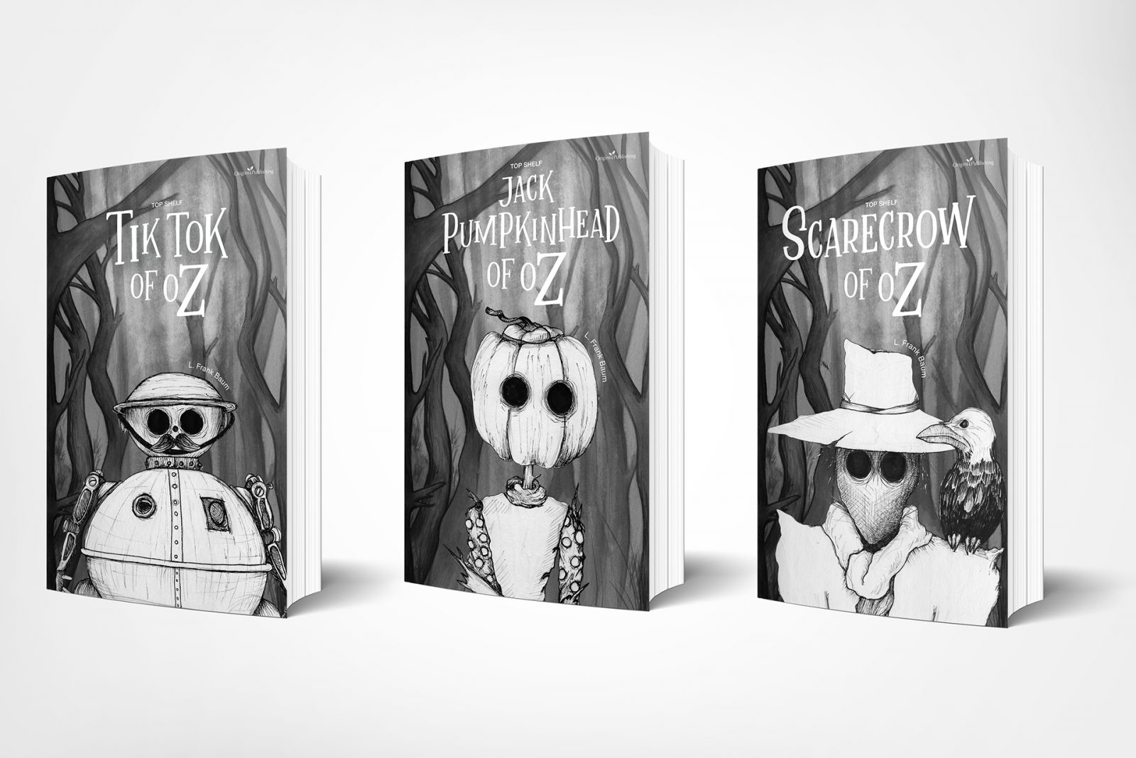 Book cover designs for three books in the Oz book series. Tik Tok of Oz, Jack Pumpkin Head of Oz and the Scarecrow of Oz have been designed using ink drawings of the character over an ink wash forest background. All three books have a close up of the character on the front sitting within the trees. The books are done in a monochrome colour palette and have a white, serif text for the title which has been altered so some letters are smaller and some are bigger, giving it a whimsical feel.