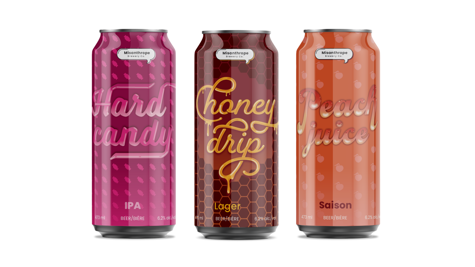 Three cans of Misanthrope Brewery craft beer. From Left to right, Hard Candy IPA, Honey Drip Lager, and Peach Juice Saison. Each can features illustrated type with bold patterns in the background. Hard Candy is bright pink with a candy wrapper pattern, Honey Drip is yellow and brown with a honeycomb pattern, and Peach Juice is peachy pink with a peach illustration pattern.