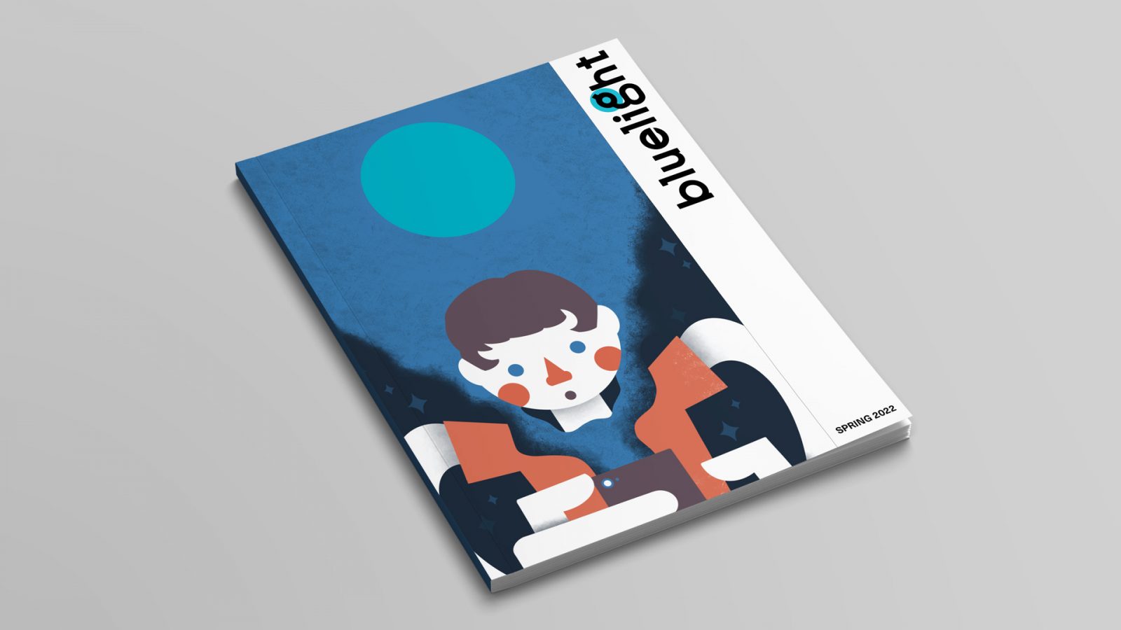 Cover page for the magazine ‘Bluelight’. The cover contains an illustration of a character holding a phone with light beaming on their face. ‘Bluelight’ is set vertically on the right of the page alongside “spring 2022”.