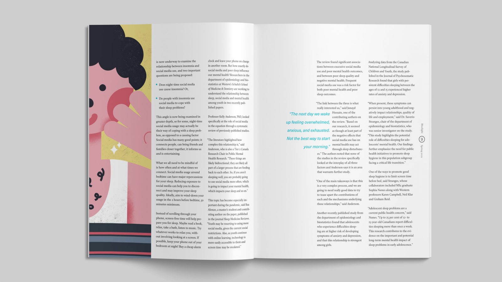 A spread from ‘Bluelight’ magazine. The spread contains information regarding the effects of social media on one’s sleep and includes a vertical illustration on the left page of a sunny character in a tank top.