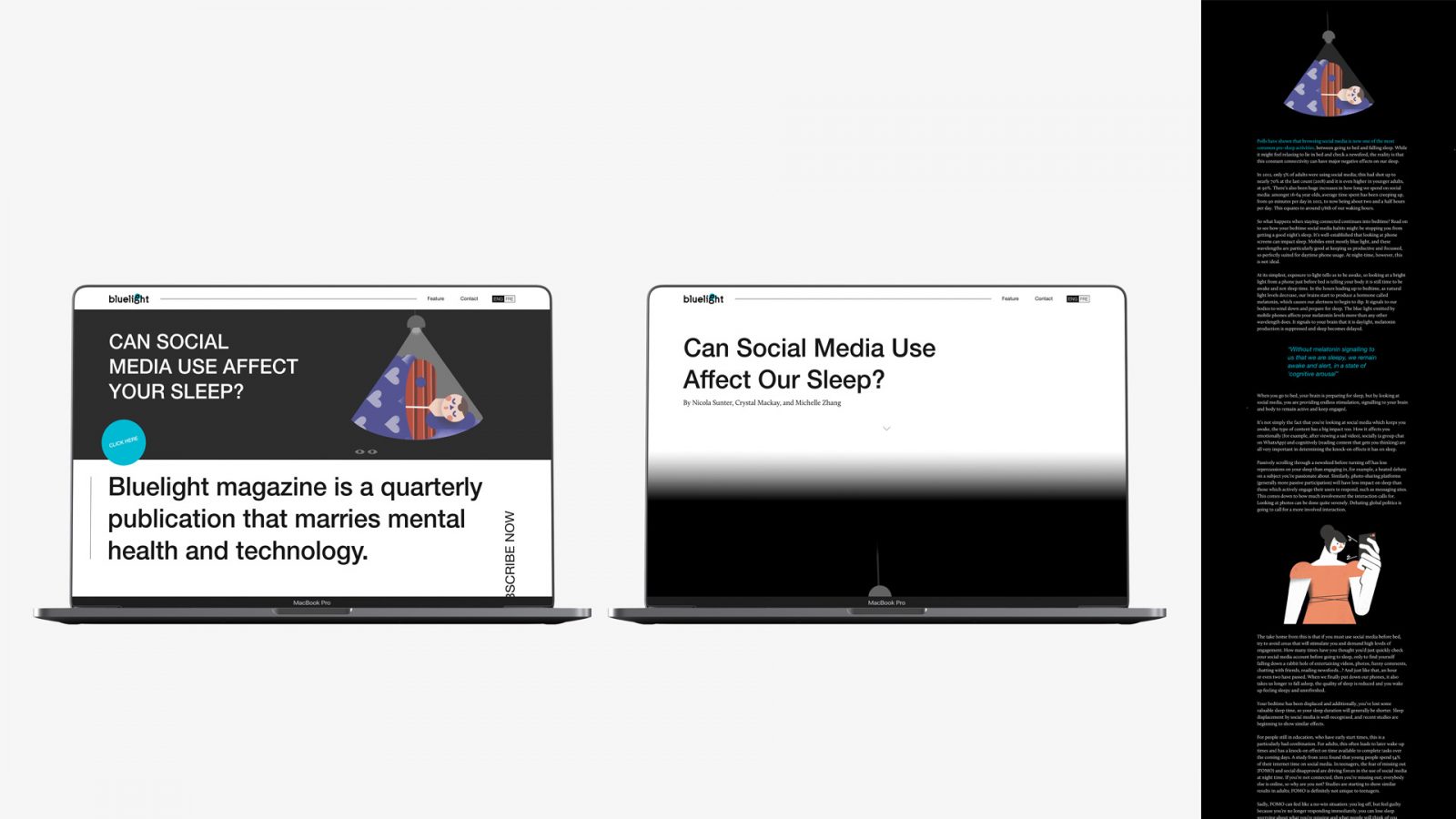 Two laptop screens showcasing the digital version of ‘Bluelight’ magazine. The first screen contains the homepage, and the second contains the digital version of the sleep and social media story.