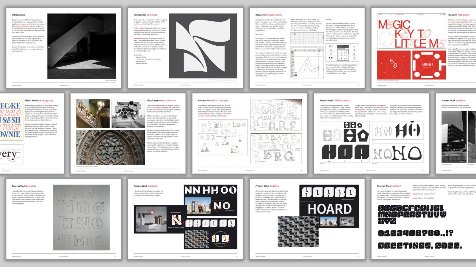 Pages from the process journal for the typeface ‘Brute Display’. The pages show research on architecture, historical art movements, and early typeface concepts.